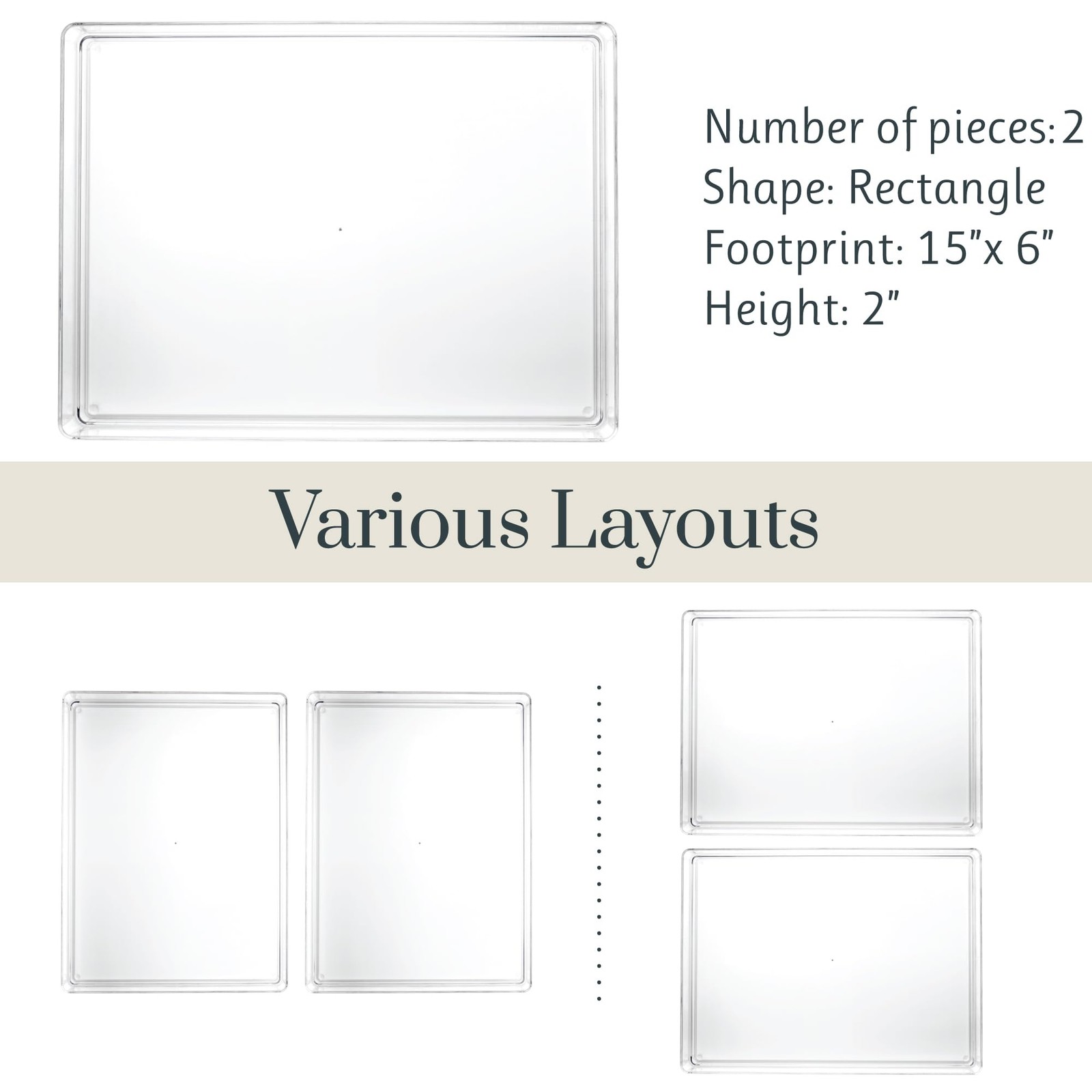 SimpleSort 2-Piece Stackable Clear Drawer Organizer Set | 12" x 9" x 2" Recta...