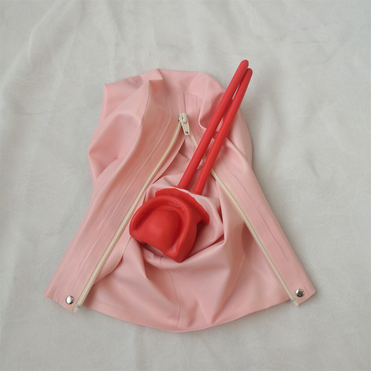 Baby Pink Latex Hood Mask Long Nose Tube with Back Zip Cosplay Costume