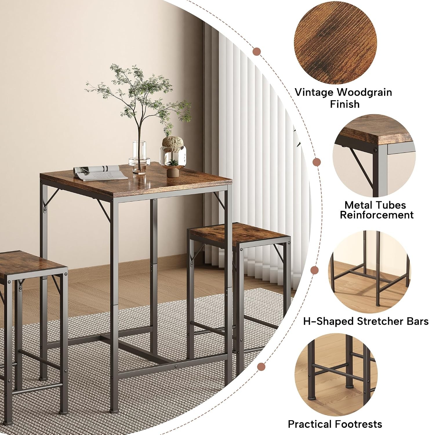 Bar Table & Chairs Set Square Bar Table W/ 2 Stools Space-Saving Dining Pub Set