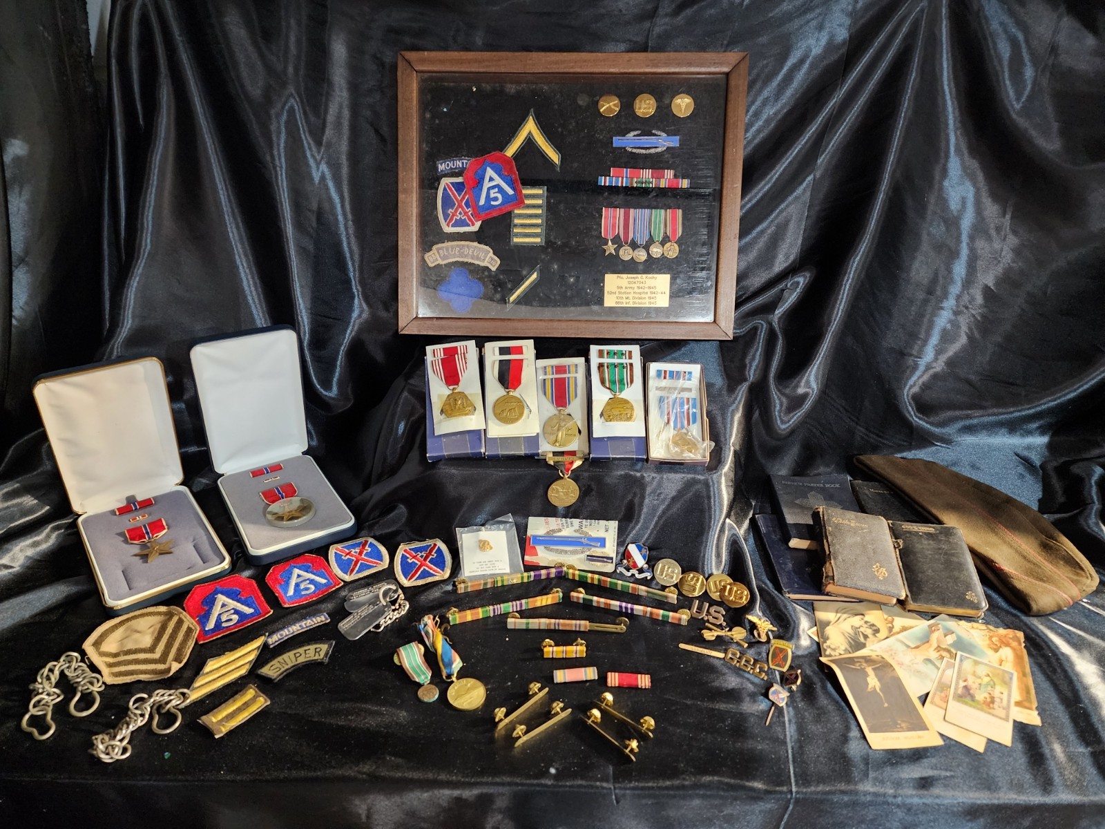Lot Of War Medals, Patches, Pins, Bibles & Hat