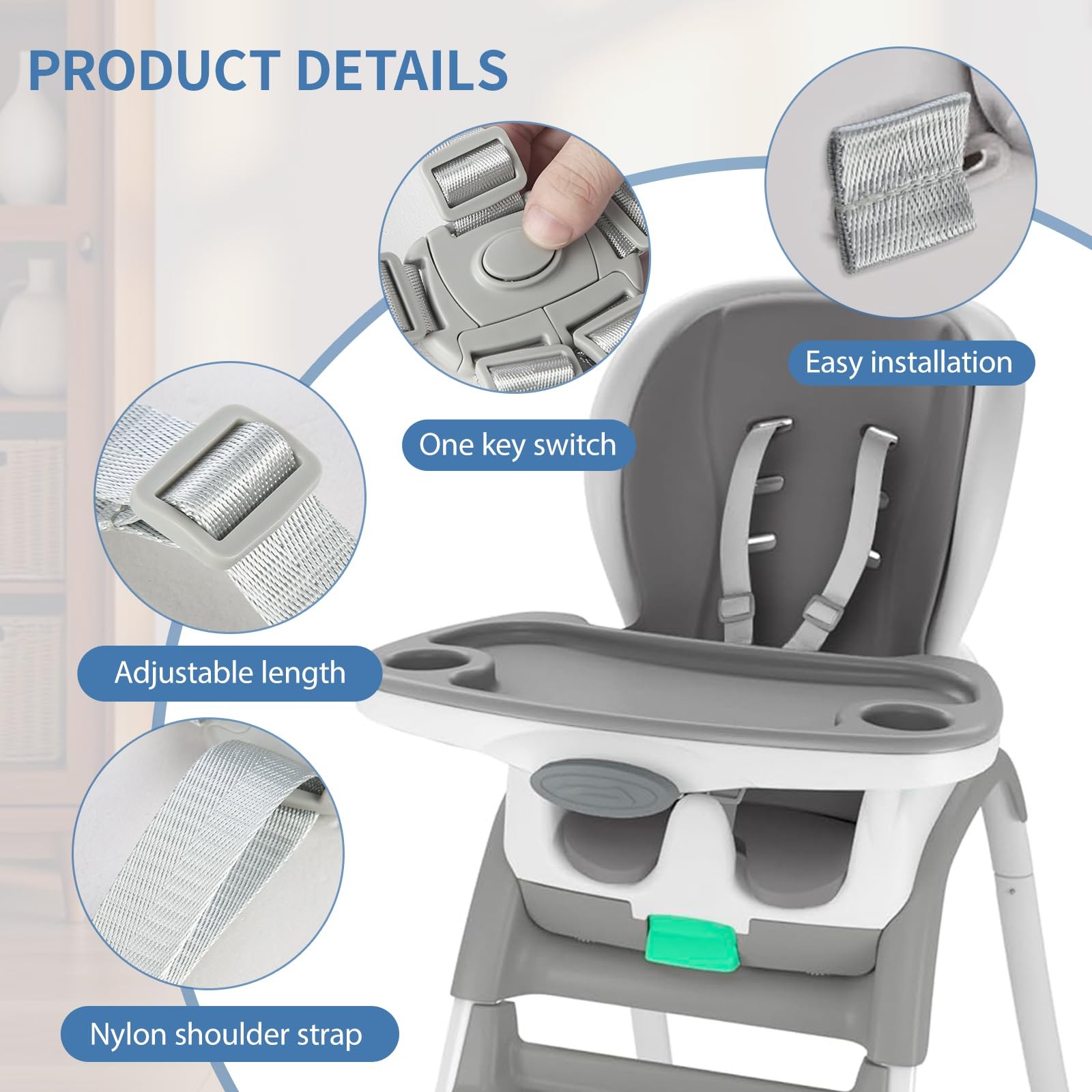 Adjustable High Chair Straps Replacement Compatible with Ingenuity for Grey
