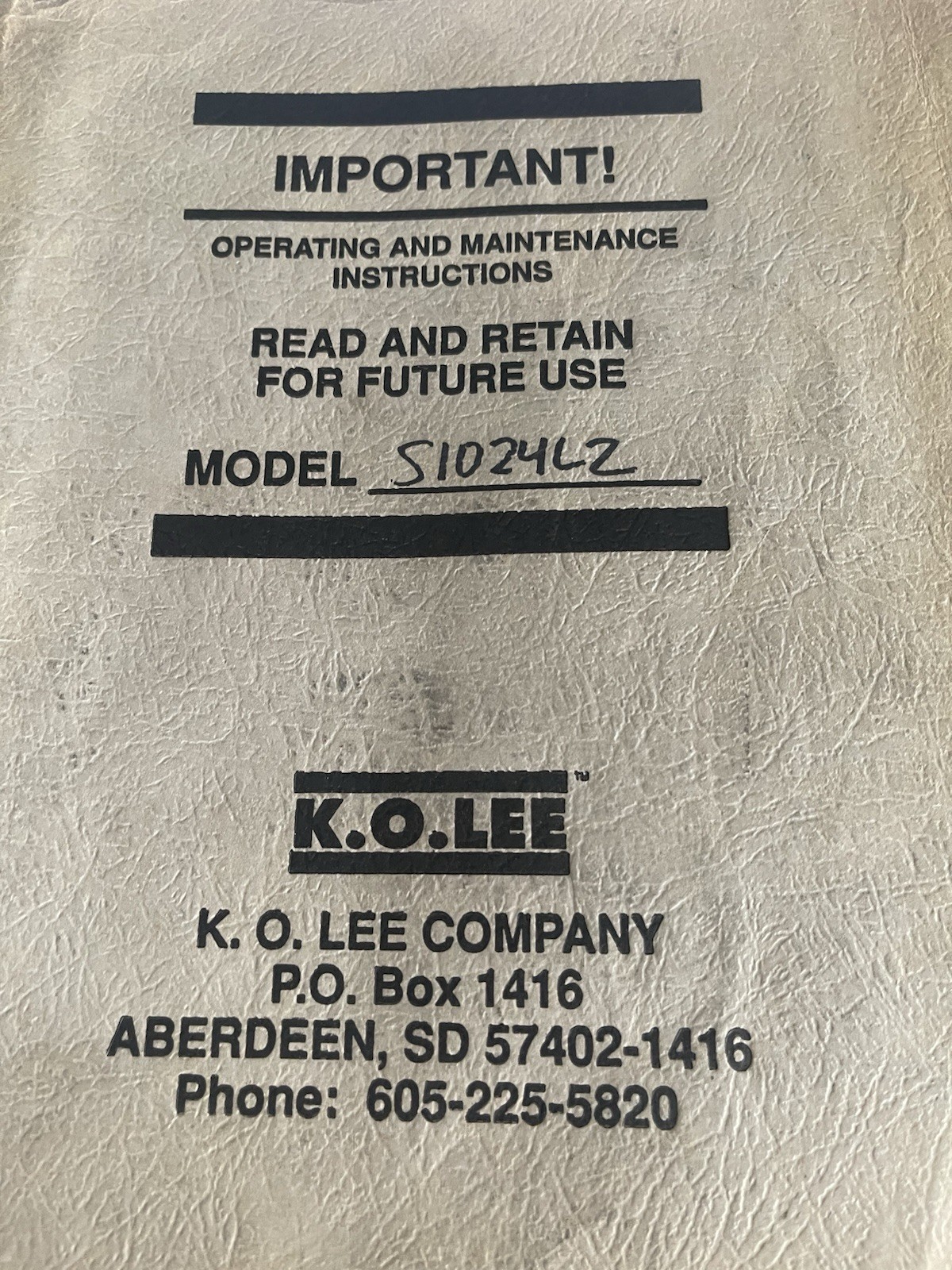 K.O. Lee Operating Maintenance Instructions Surface Grinder  S1024HG