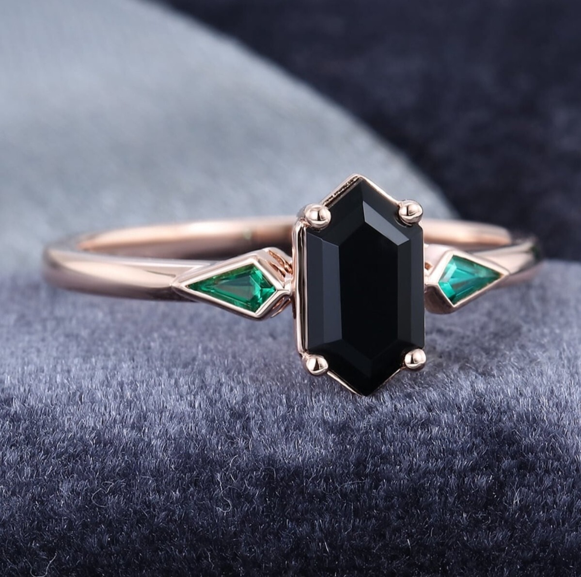925 silver, emerald, black onyx ring, hexagon cut, statement ring, vintage ring