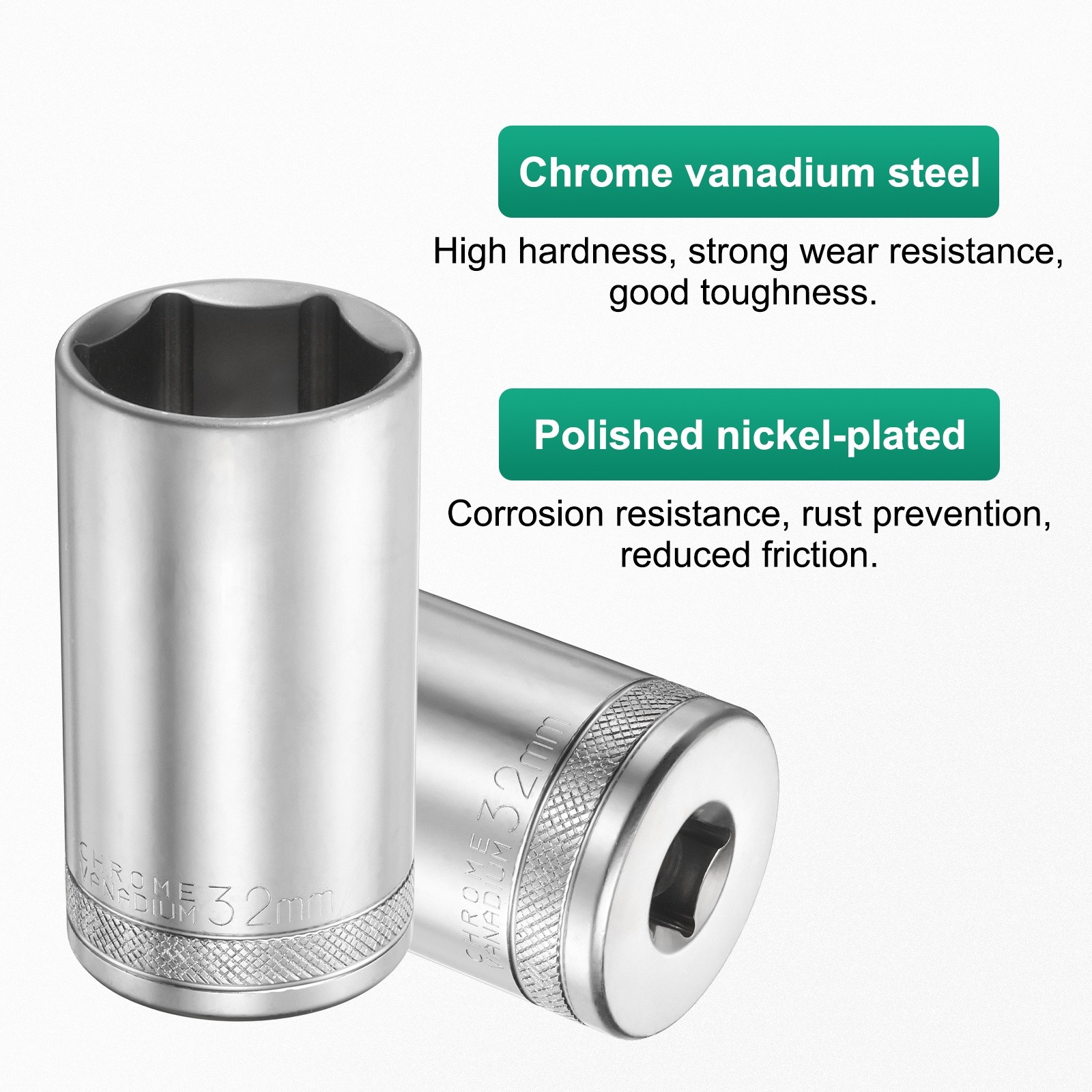 6 Points Deep Socket 1/2" Drive 32mm Nickel Plating Hex Socket 3.1" Long