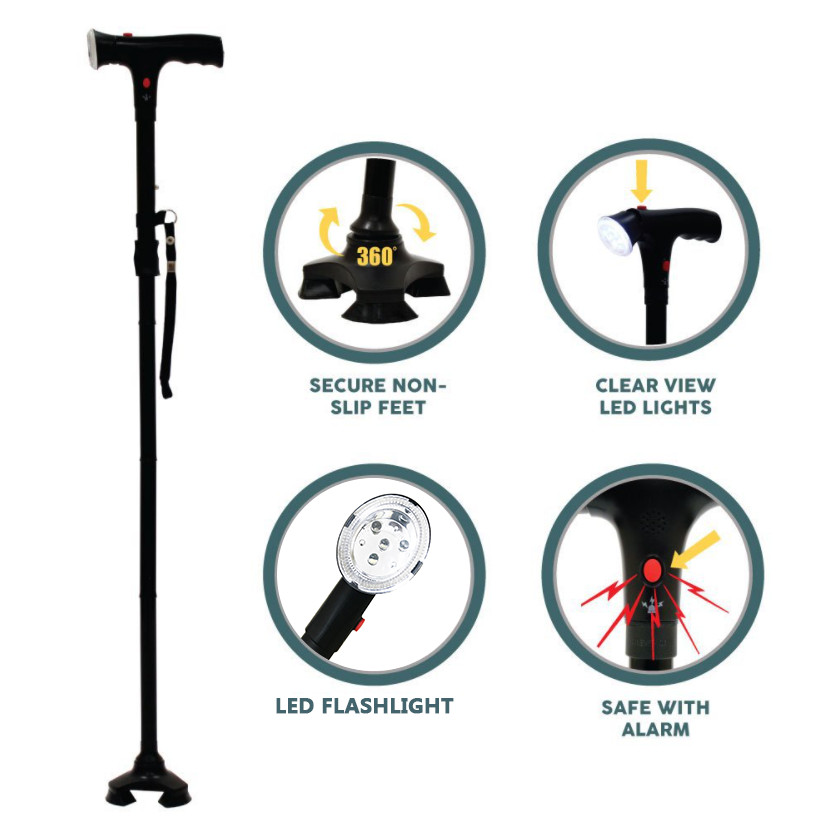 Elder Folding Walking Stick Walking Cane Height Adjustable Torch LED Light Alarm
