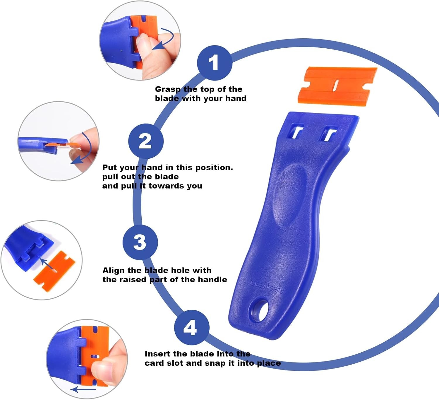 Plastic Razor Blade Scraper 4 Pcs and 120 Pcs Blades, Remove Label Decal Tool.