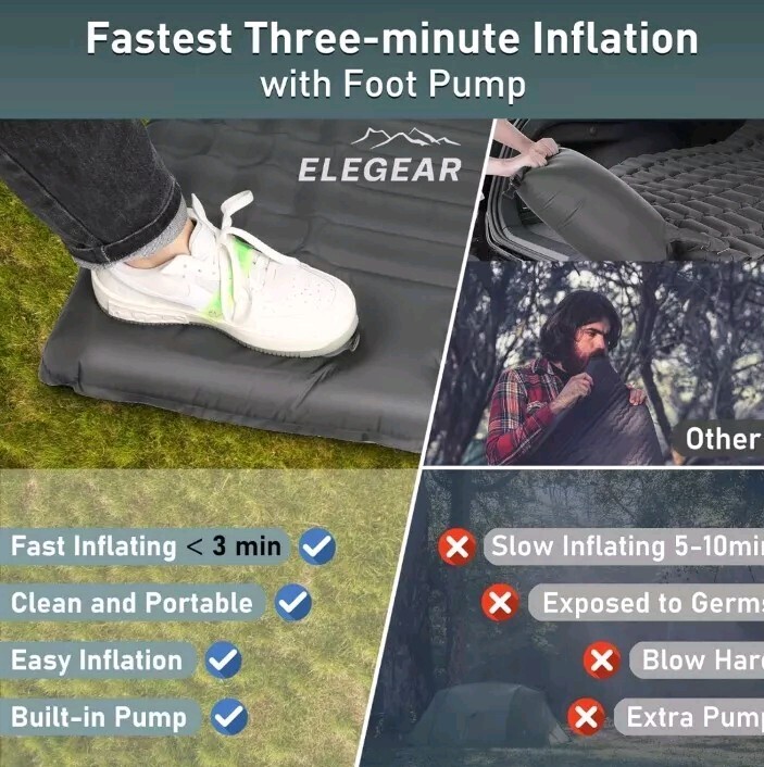 Elegear Double Sleeping Pad for Camping, 4" Ultra-Thick Self Inflating Size FULL