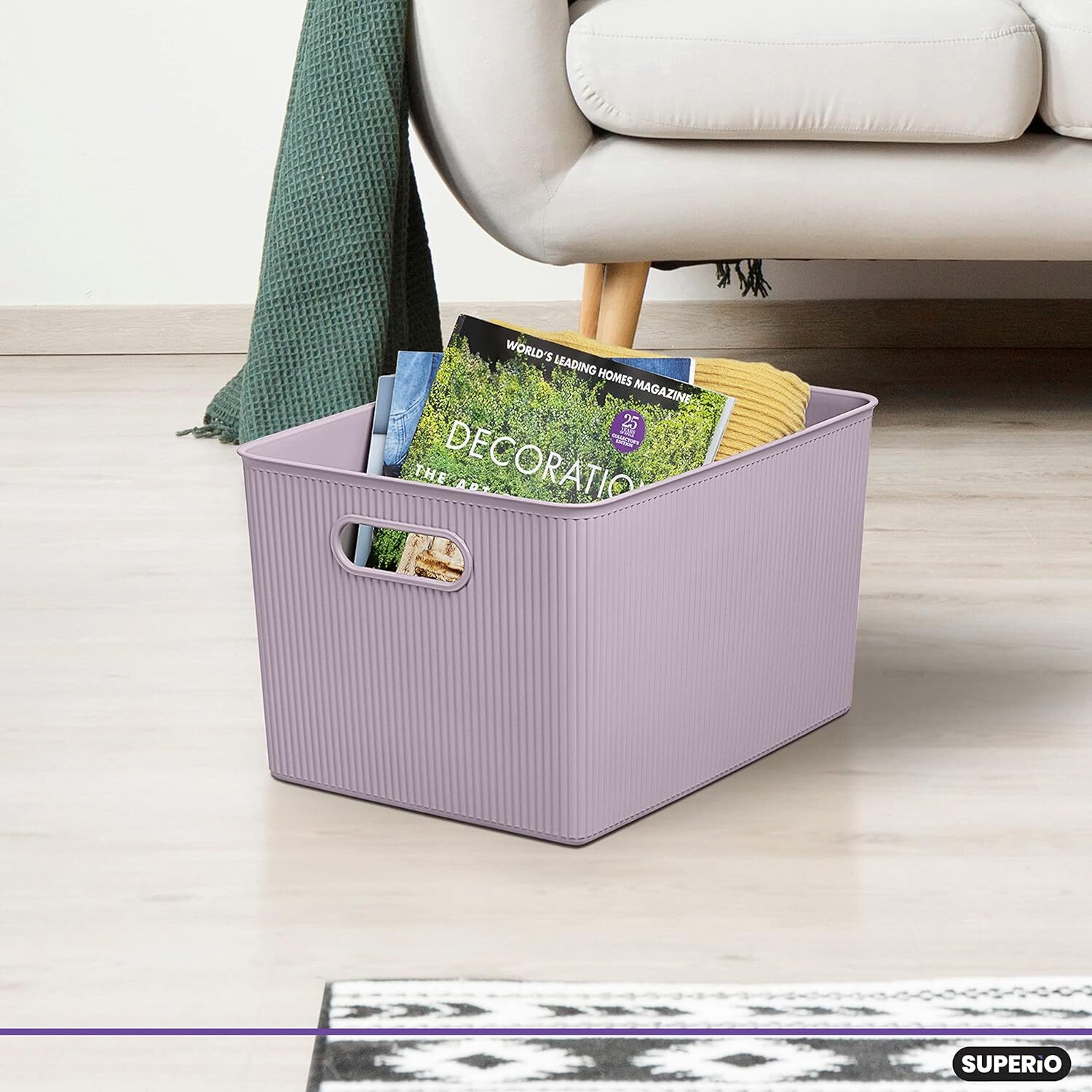 Superio 22L Large Ribbed Storage Bin- Plastic Storage Bin (8 Pack, Lilac)