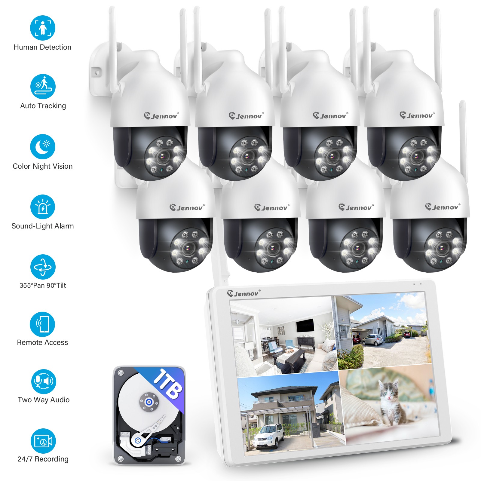 JENNOV 10"LCD 10CH 5MP NVR WiFi IP Outdoor Wireless Security Camera System CCTV