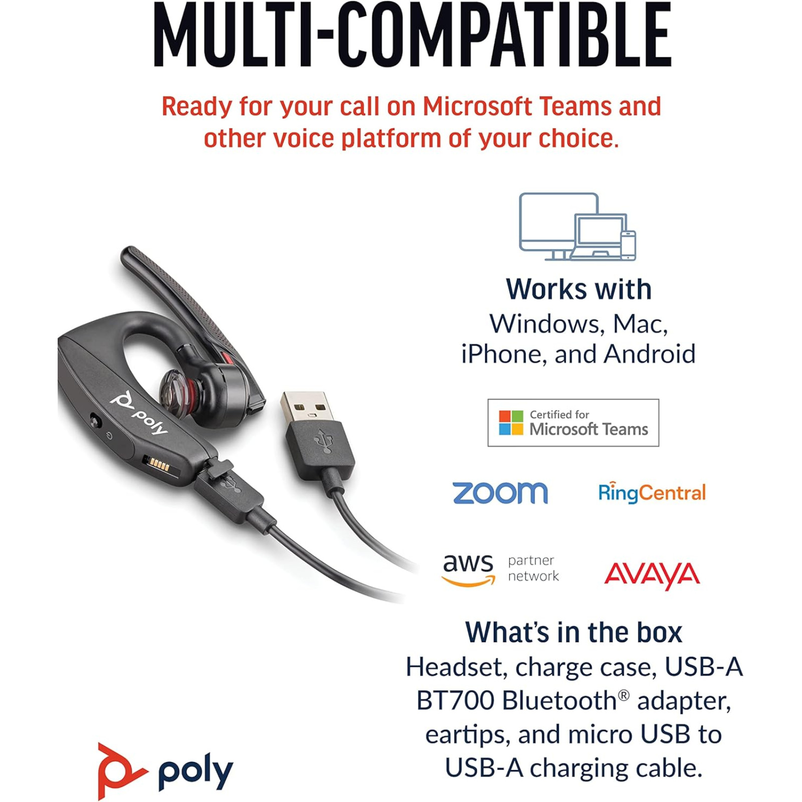 Poly Voyager 5200 UC Bluetooth Wireless Headset Noise Cancelling + BT700 7K2F3AA