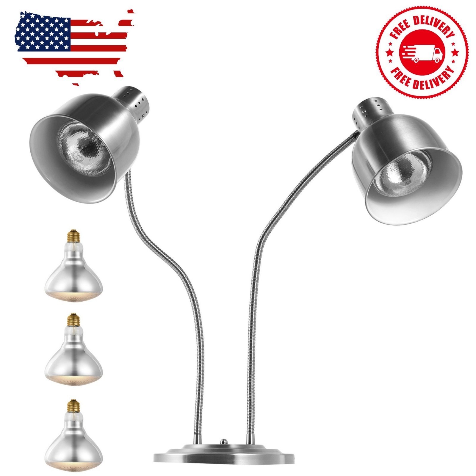 500W Dual-Head Stainless Steel Food Warming Lamp with 3 Bulbs, Electric Heat Lam