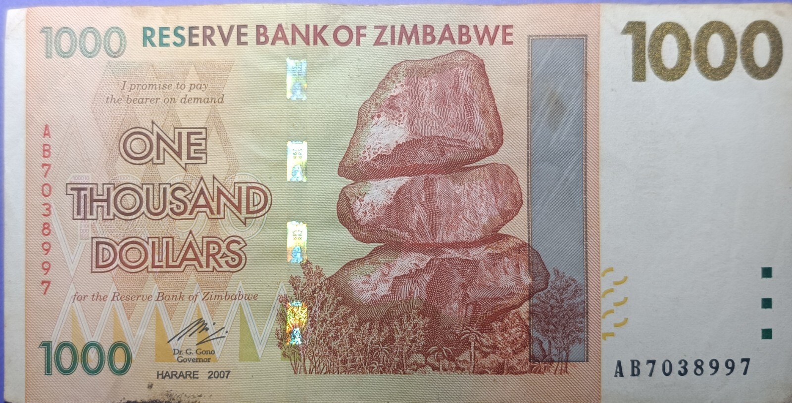 Zimbabwe: P#71 1 x 1000 Dollar 2007 Circulated Banknote (F-VF) - UK Seller