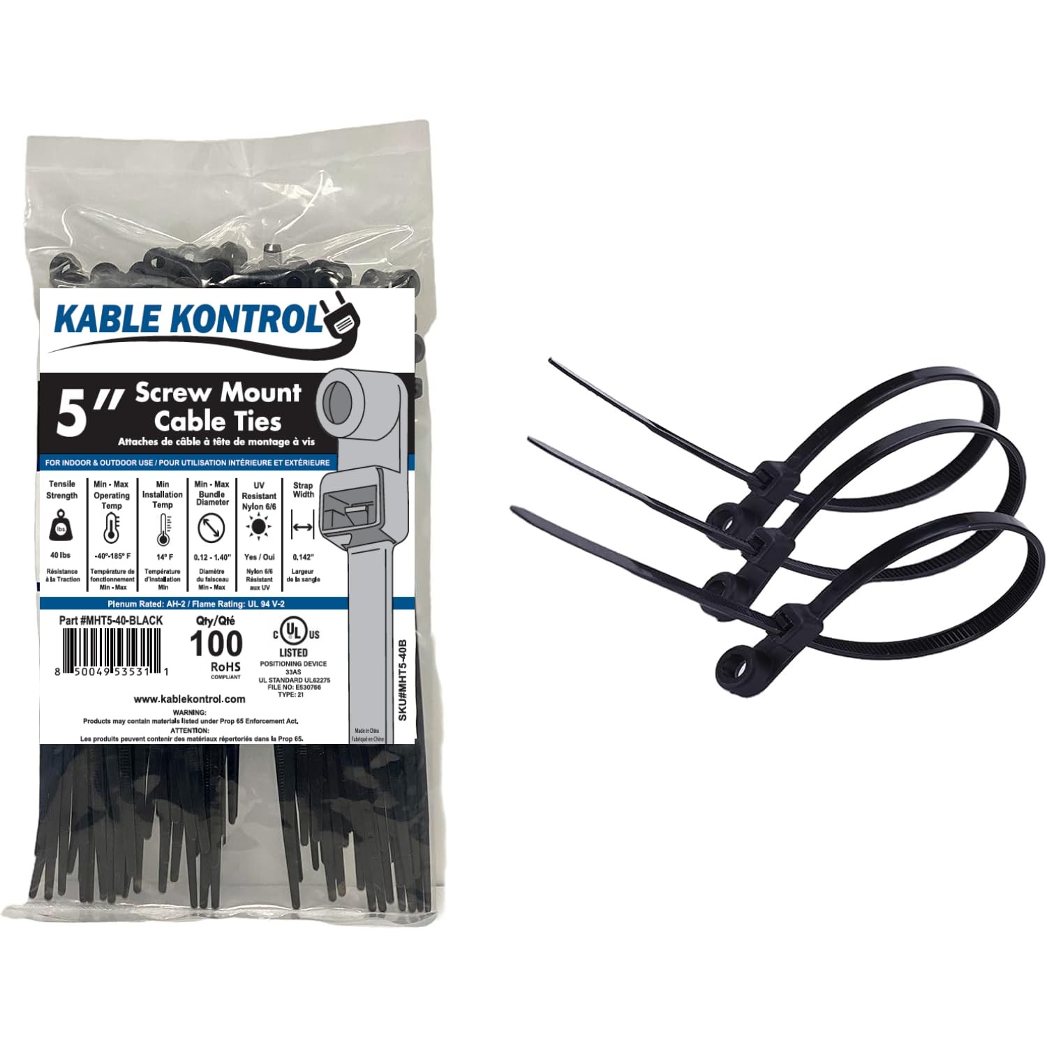 Zip Ties with Screw Hole, 5 Inch 100 Pcs Black, 40 Lbs. Tensile Strength, Sel...