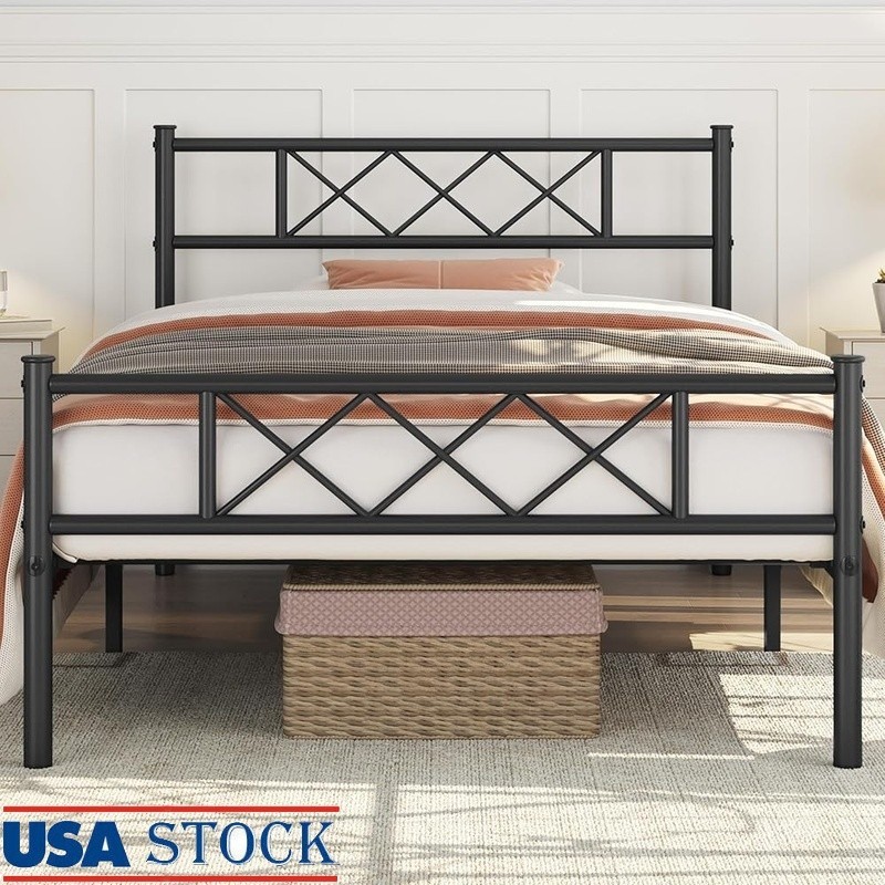 Twin XL Size Metal Platform Bed Frame with Simple Headboard Footboard