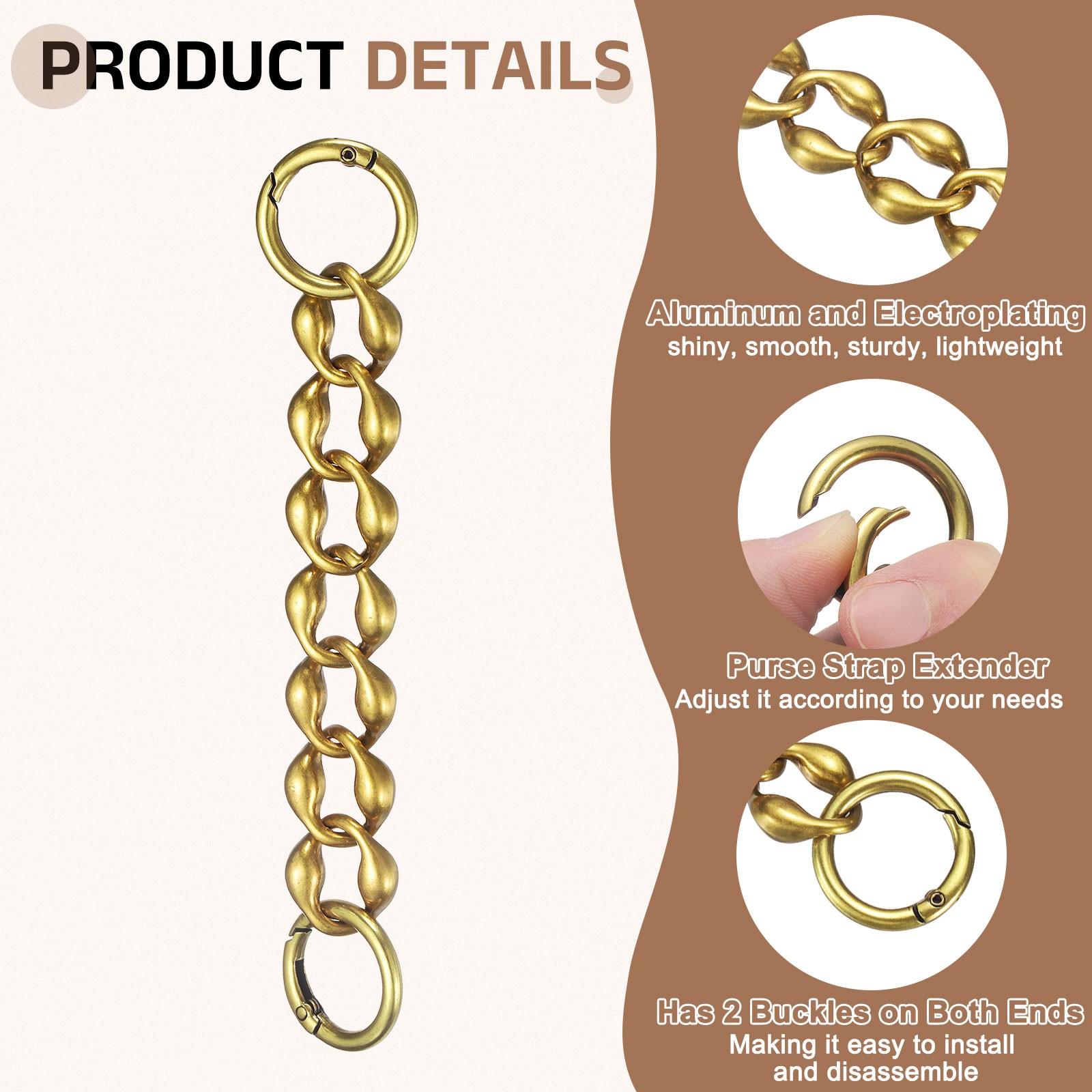 Purse Strap Extender 6.3-Inch, Bag Extender Chain Dark Gold, 0.8 Width