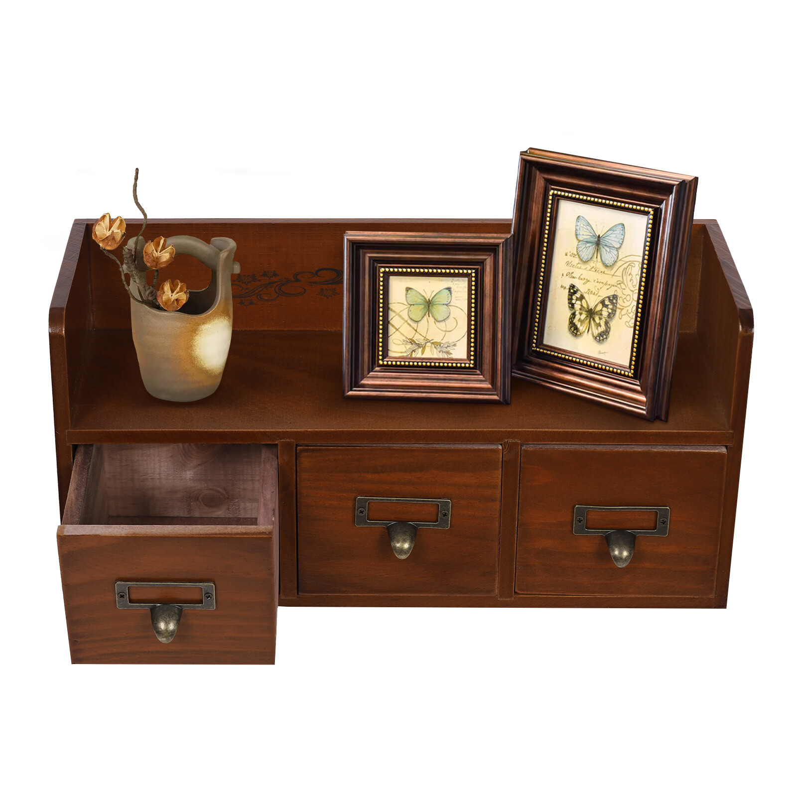 Retro 3 Drawers Wood Desktop Storage Cabinet Cosmetic Jewelry Organizing Cabinet