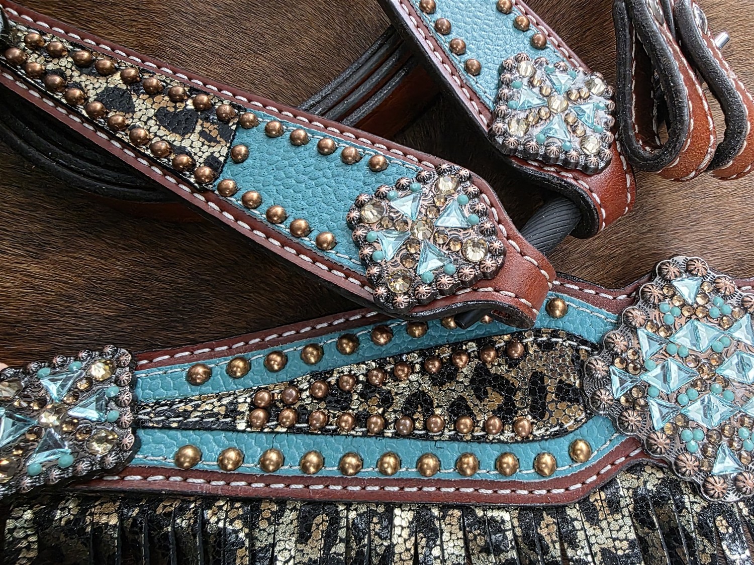 Western Headstall - Fringed Breastcollar - Reins - Metallic Leopard - Turquoise