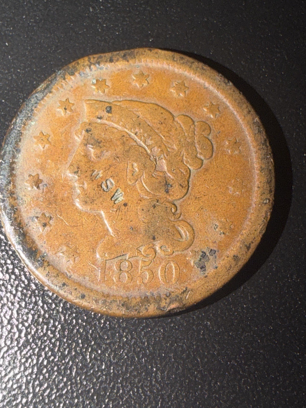1850 Large Cent G/VG Countermark