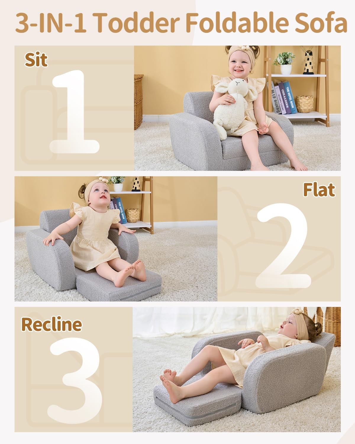 KidBloom 3-in-1 Toddler Couch, Toddler Chairs Comfy 1-3 Years Old, Kids Couch...