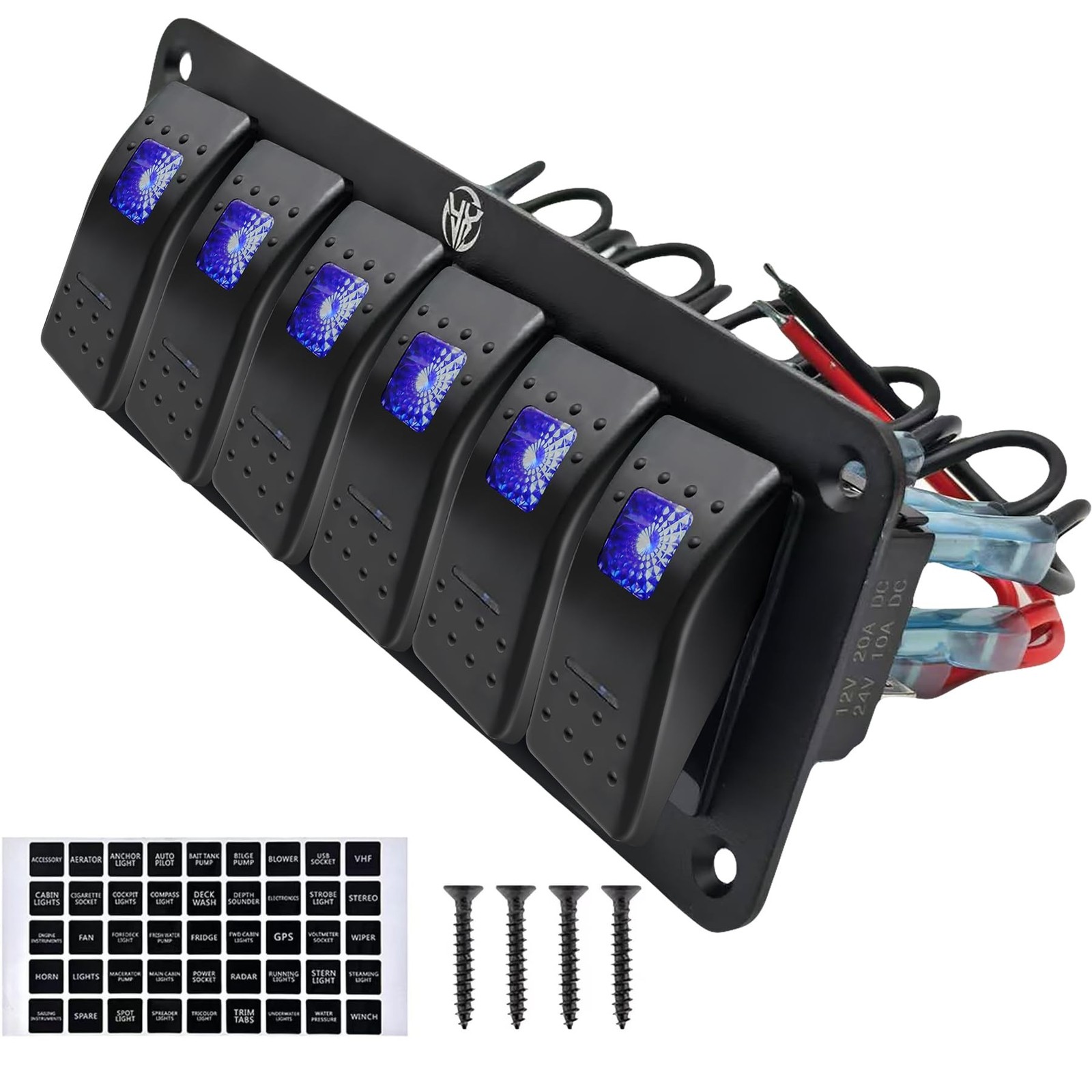 6 Gang 12v 24v DC Toggle Switch Panel 5 Pin On/Off Prewired Blue Metal Rocker...
