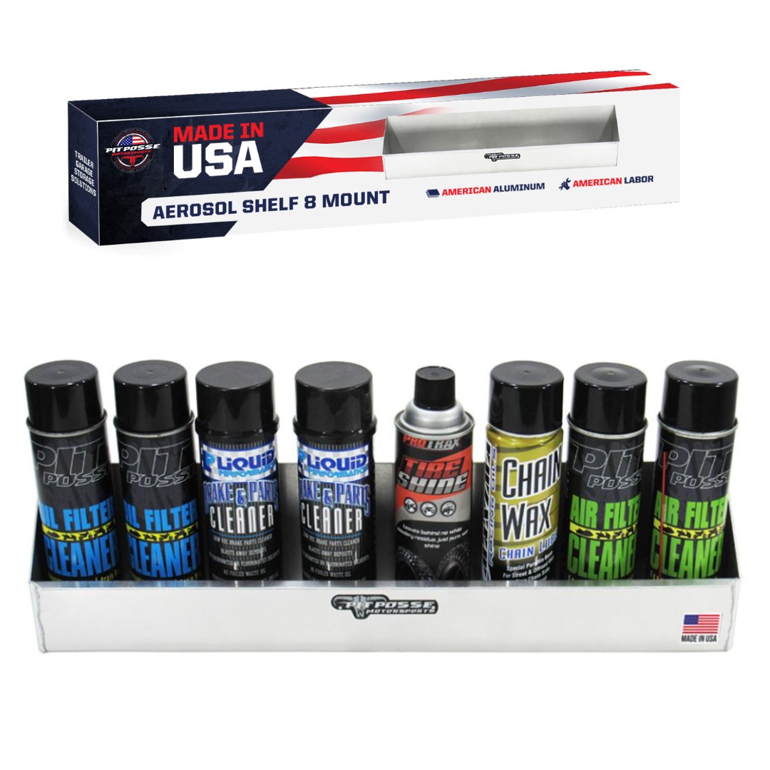 Pit Posse USA Made Aerosol 8 Can Oil Caddy Shelf Holder Trailer/Garage Aluminum