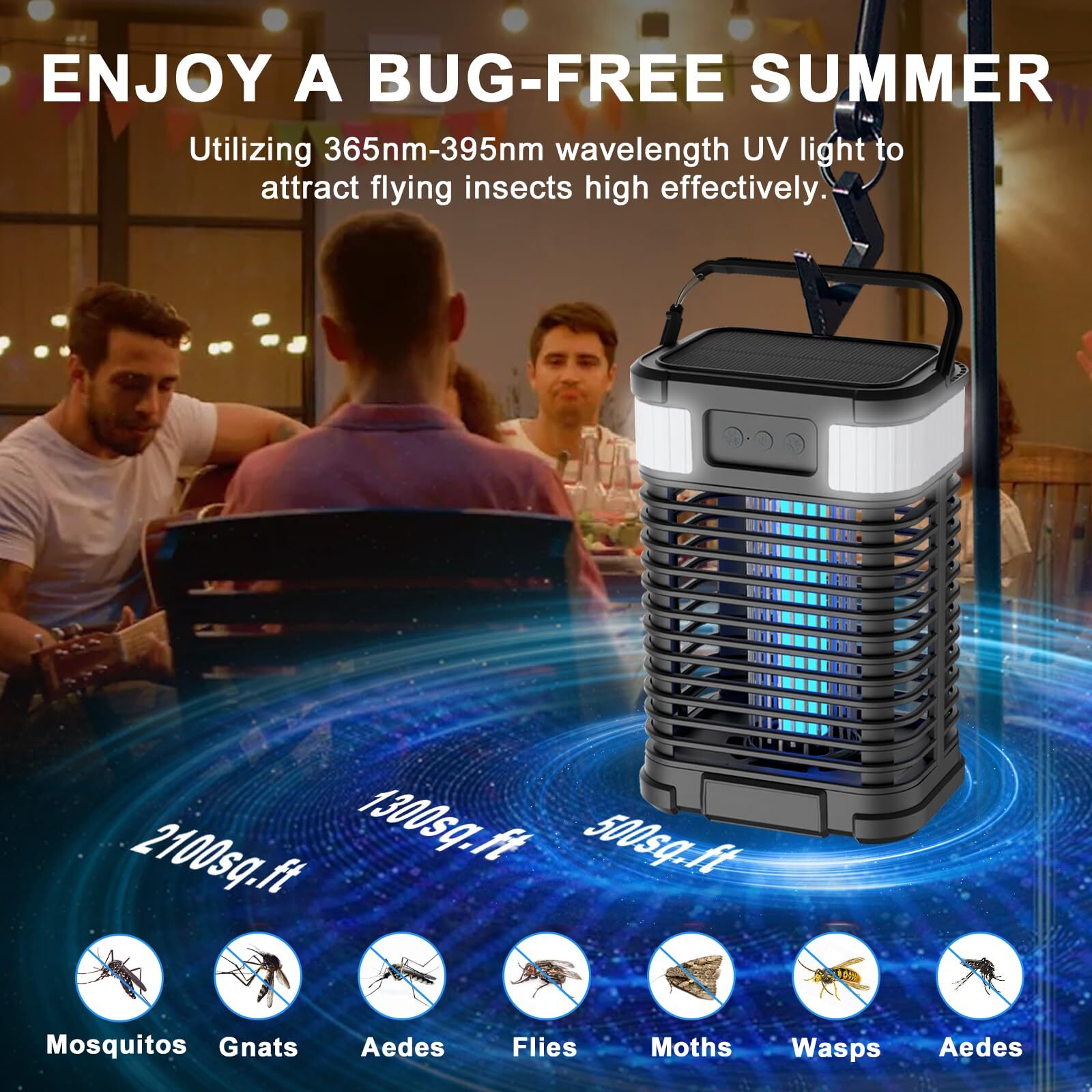 Solar Bug Zapper Waterproof 4200V  Mosquito Zapper 2 in 1  Rechargeable w/LED