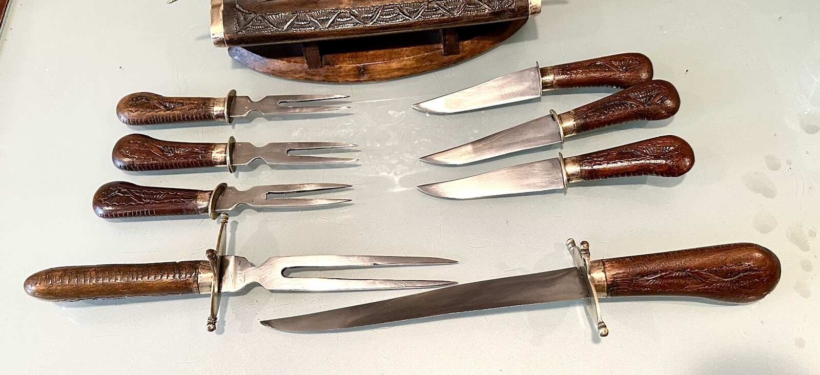 Antique Vintage India Set Carved Wood Rack Decor Carving Dagger Knives Forks