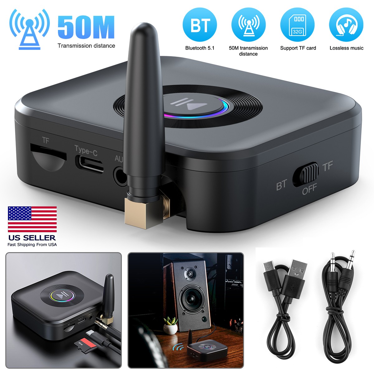 Bluetooth 5.1 Receiver Wireless 3.5mm Jack AUX to 2 RCA Audio Stereo Adapter US~