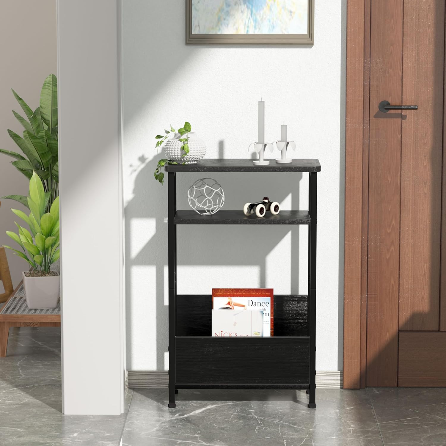 7.1" Narrow Side Table for Small Spaces, 3 Tier End with Black