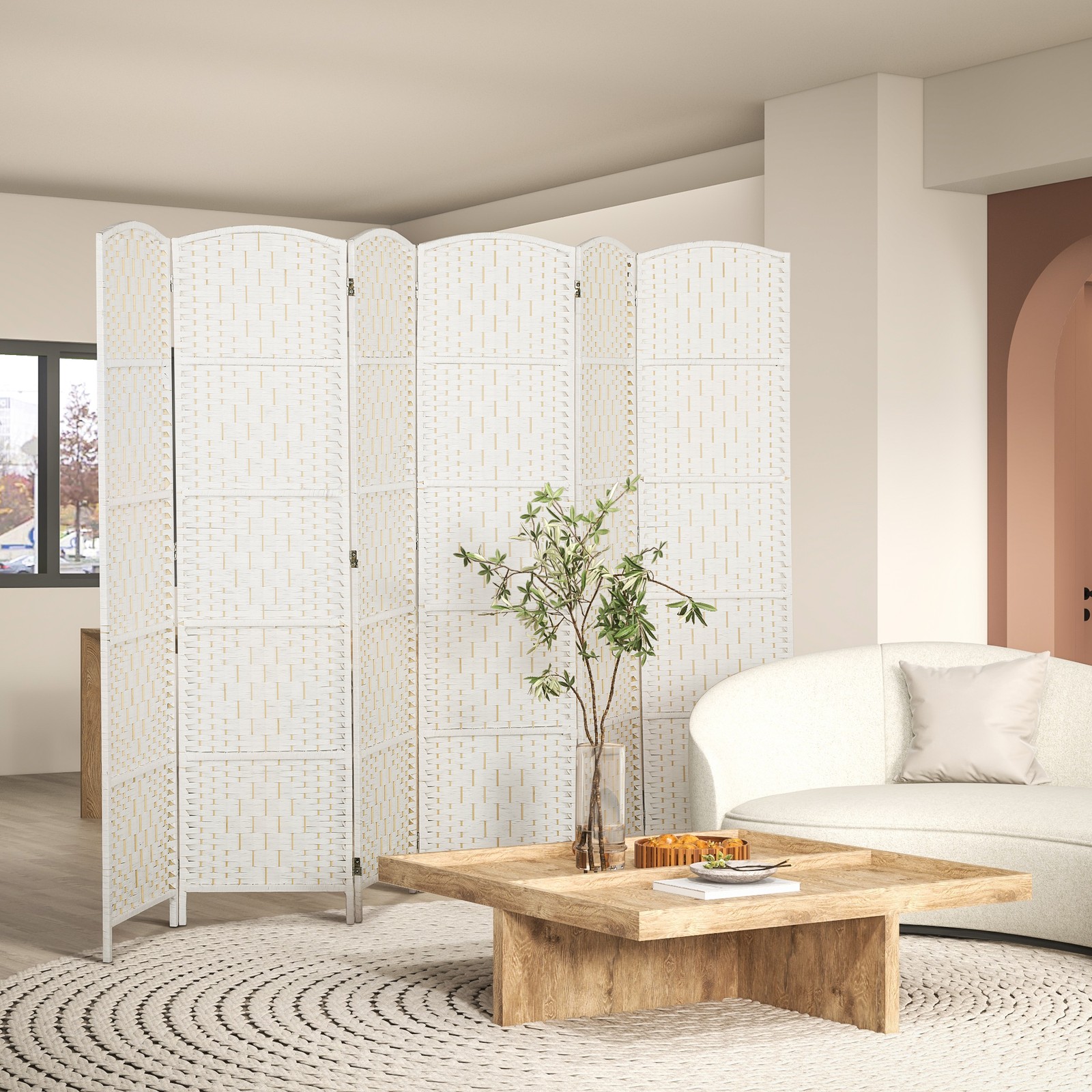 6 Weave Panel Room Divider Privacy Folding Screen Diamond Decor, White