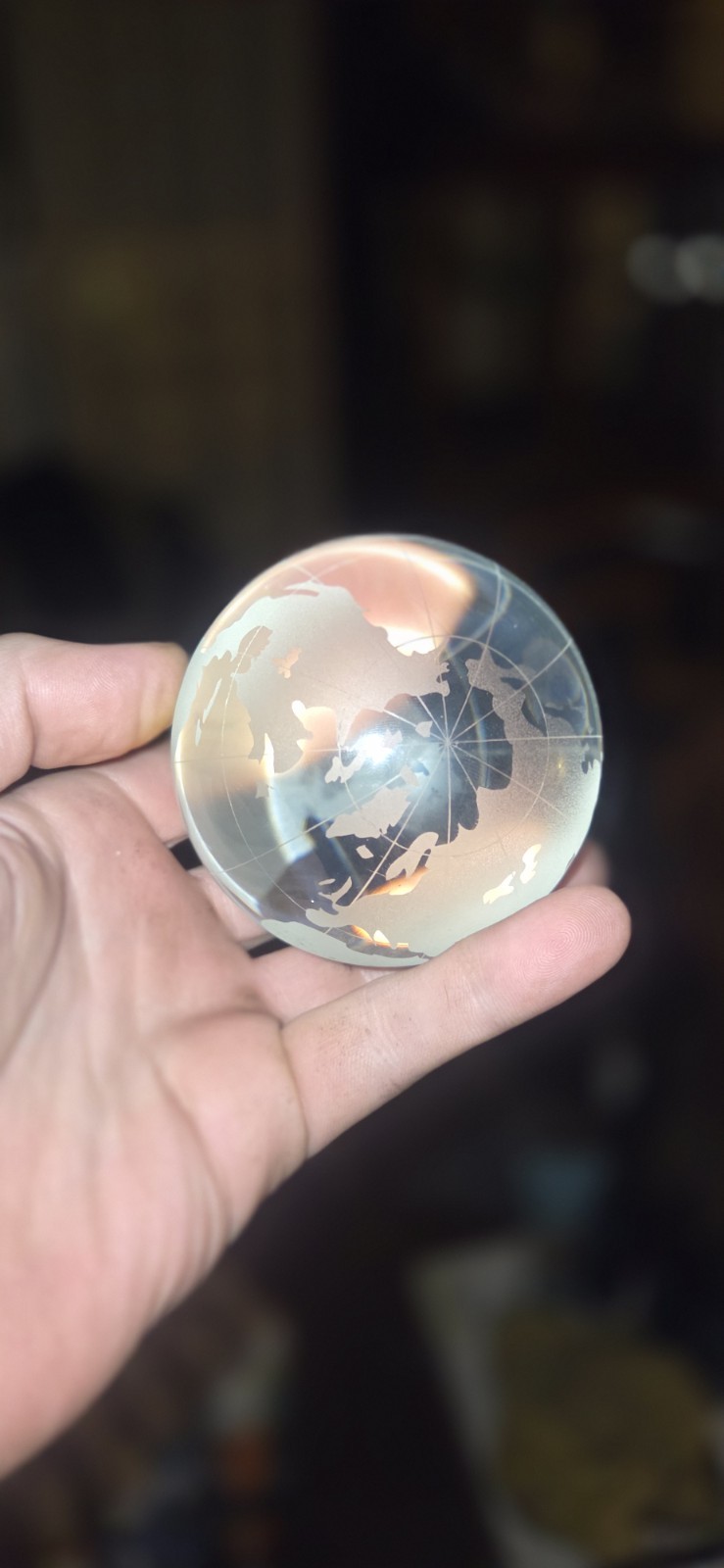 Clear Crystal World Earth Globe Etched 3" Sphere  w/Crystal Base - Spins RARE 🔥