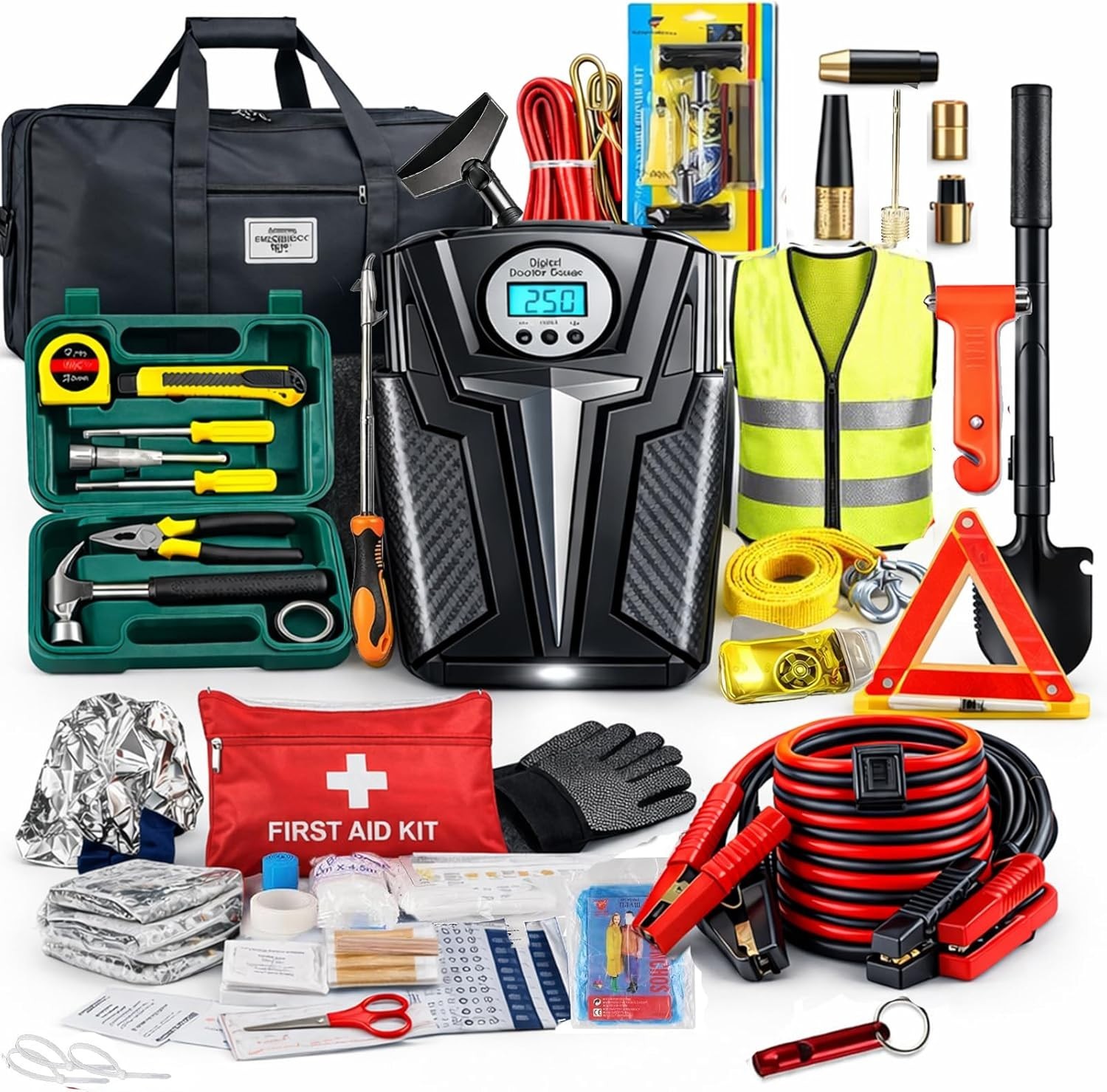 Car Emergency Kit Jumper Cables Air Compressor Roadside Safety Kit