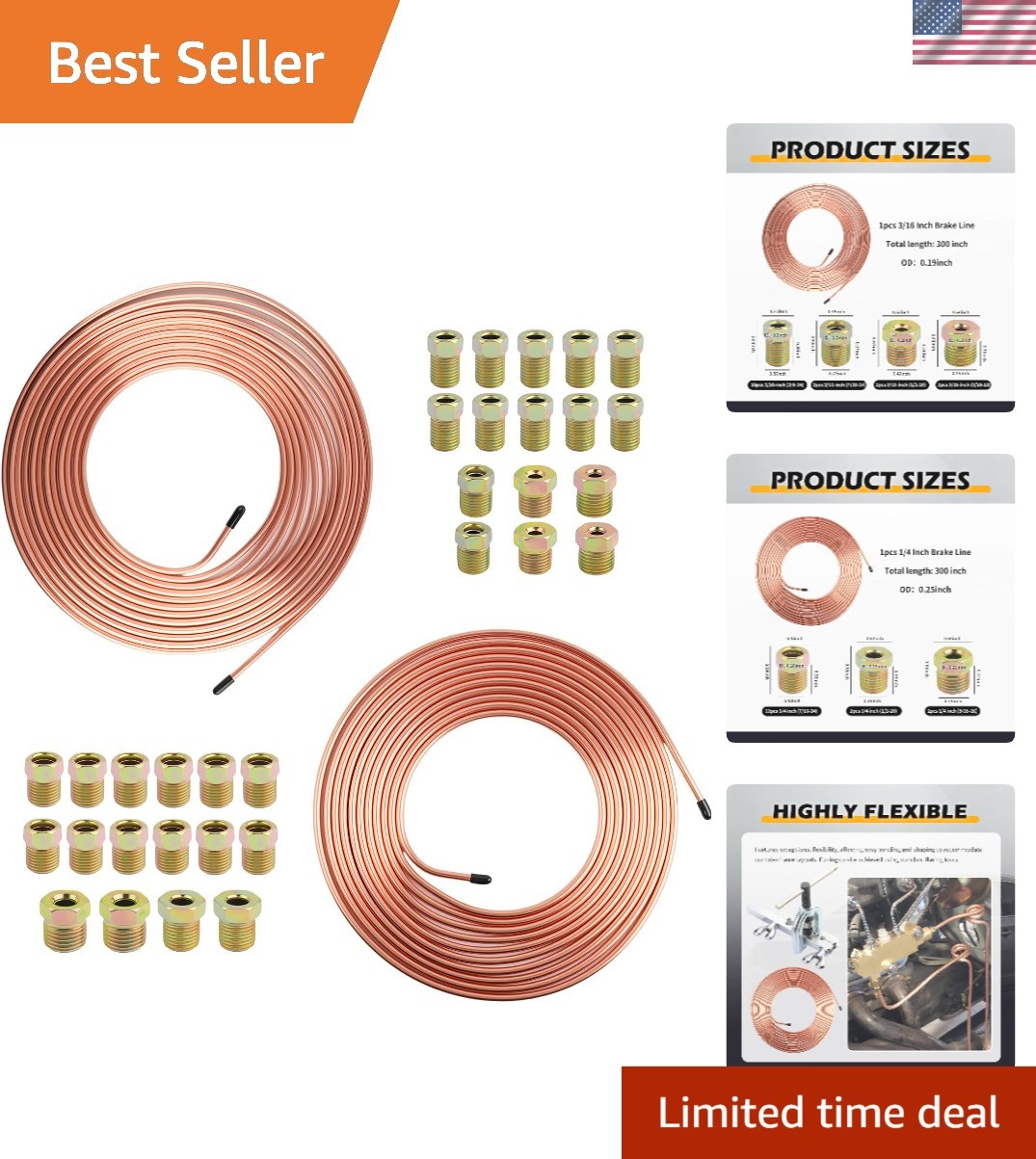 2 Sets 25 FT 3/16"+1/4" Brake Line Kit with Brake Lines Fittings,4 Sets