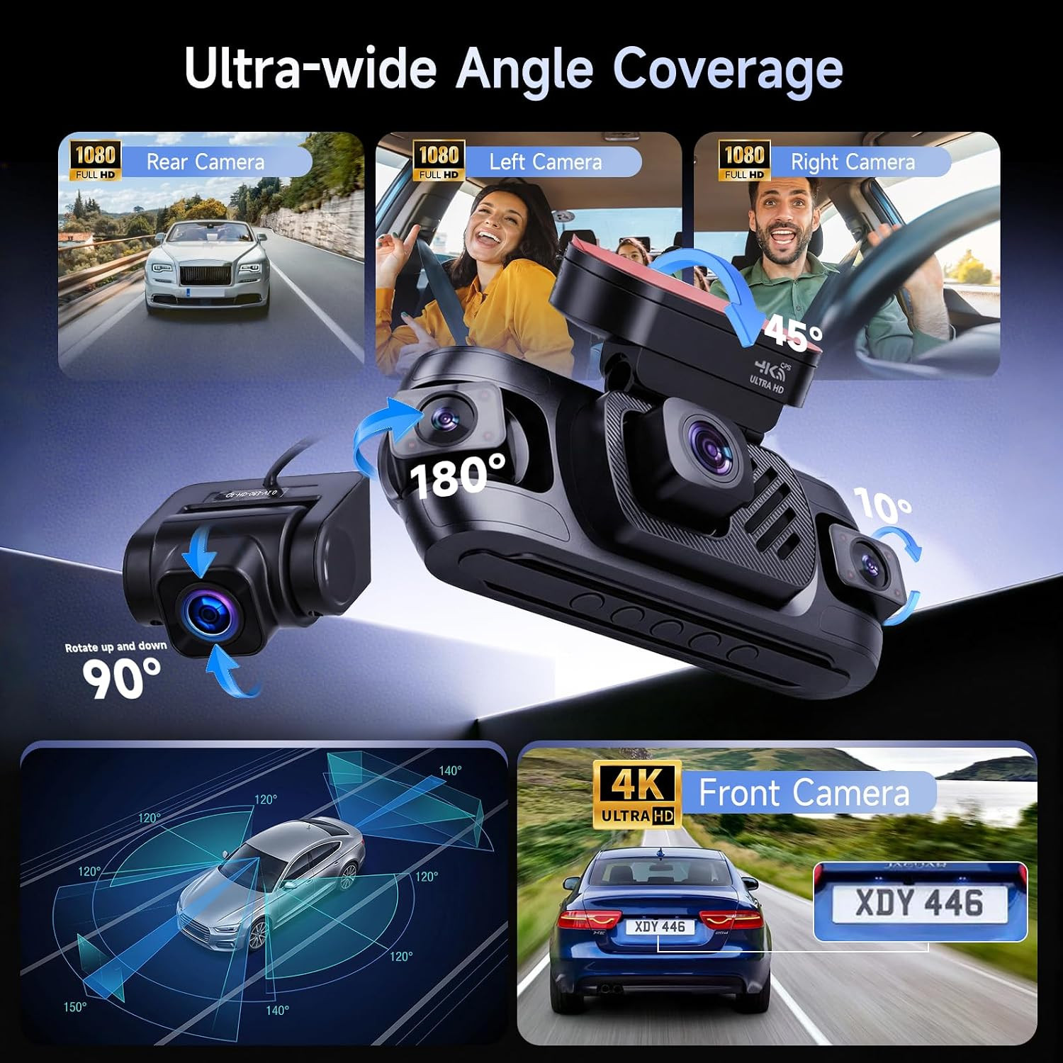 4 Channel Dash Cam 360°View 4K+ 1080P Front and Rear Inside, Left, Right, Dash C