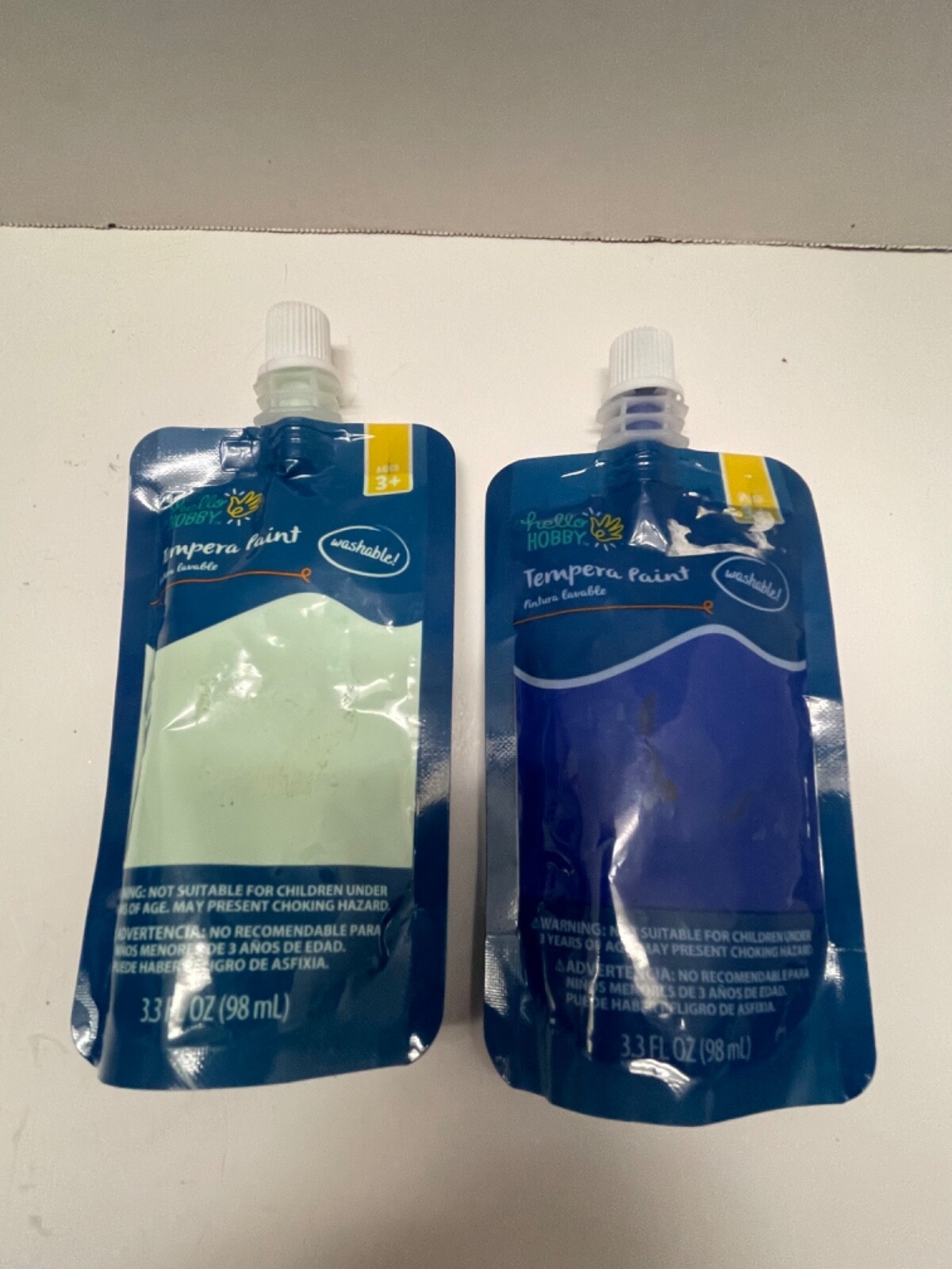 QTY.2 Hello Hobby Washable Tempera Paint Arts and Crafts 3.3 oz. BLUE and Mint