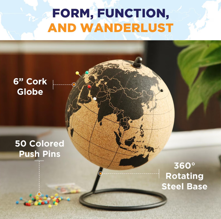Travel Cork Globe Black 50 Push Pins Educational Map Display Stand