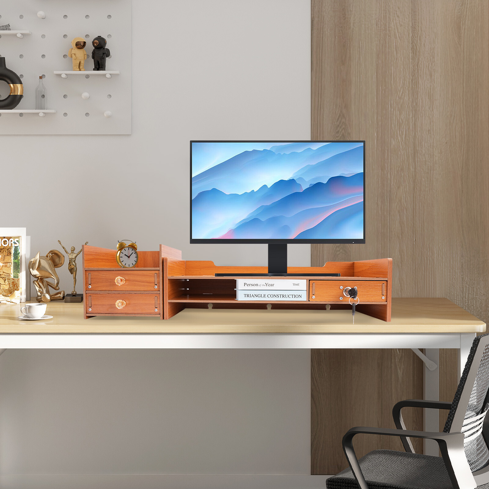 Computer Monitor Stand File Laptop Storage with Drawer Desktop Organizer W/2Keys