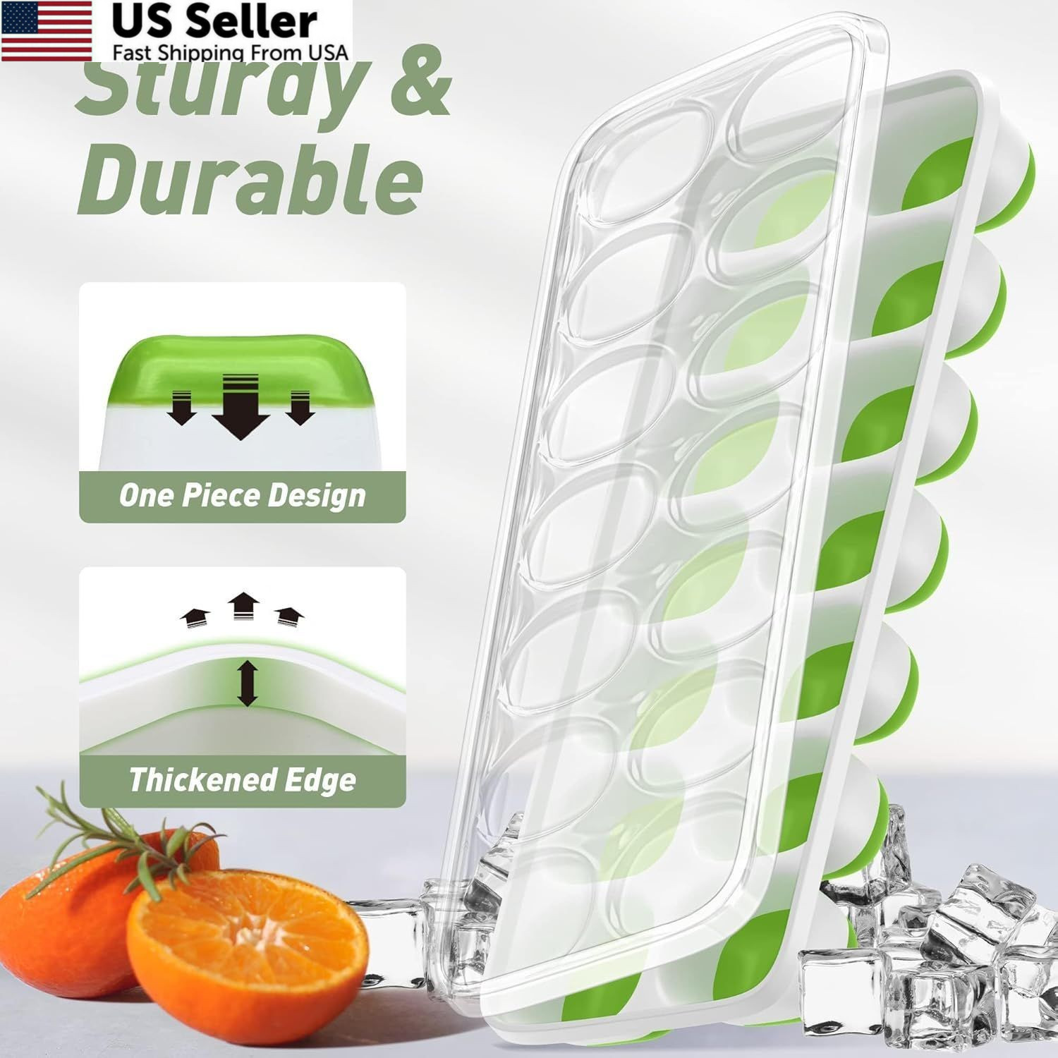 ChefAide 4‑Pack Ice Cube Trays with Lids, 56‑Cube Tray 4 Pack, Green