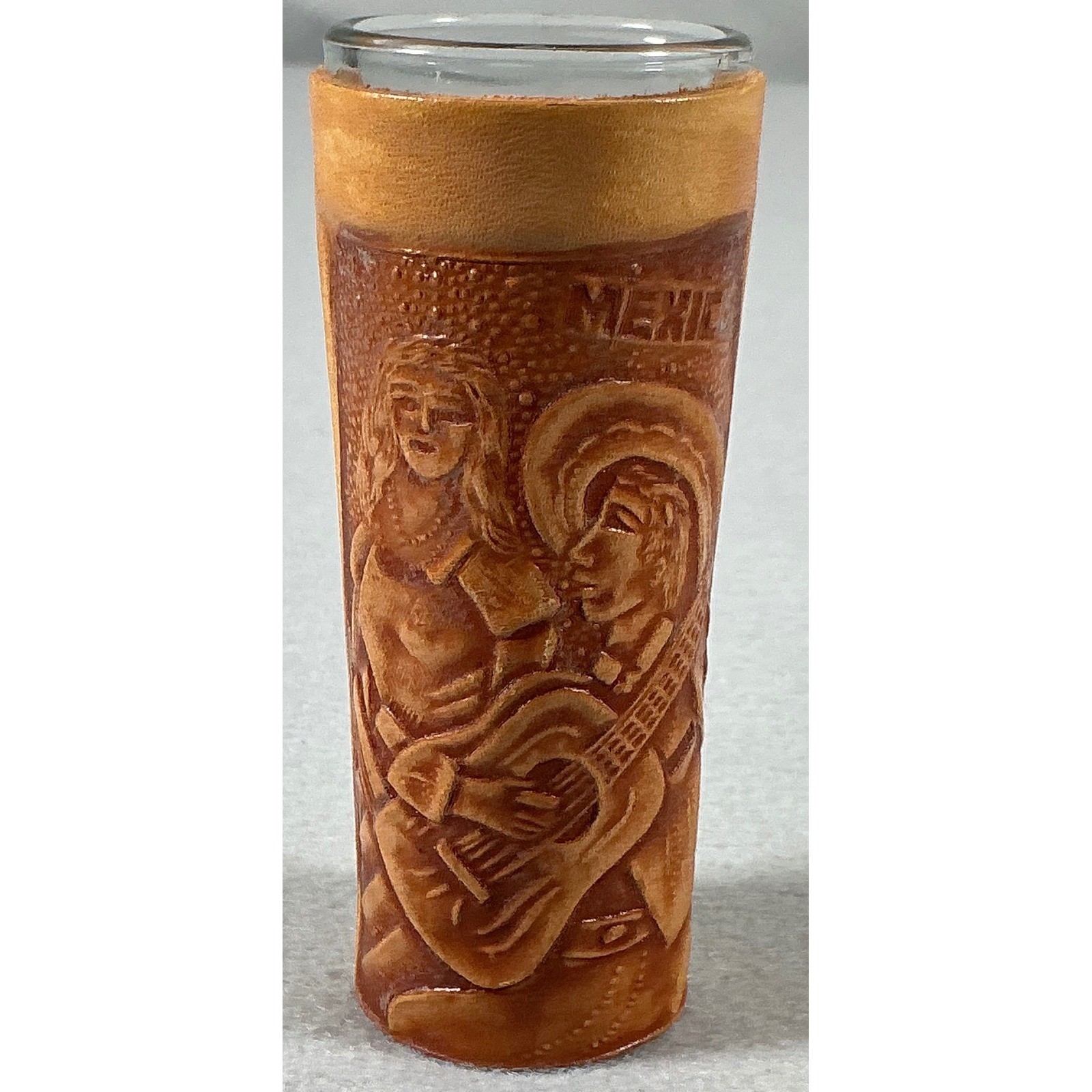 Vintage Rosarito Mexico Leather Wrapped Shot Glass Tooled Embossed Tequila Glass