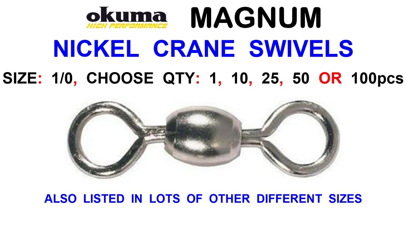 OKUMA SIZE 1/0 NICKEL CRANE SWIVELS FOR SEA FISHING LINE BAIT CLIP FAST LINK RIG