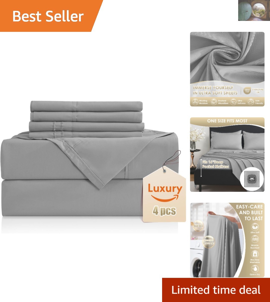 OEKO-TEX Certified Twin Bed Sheet Set, 4-Piece Microfiber Comfort for 16" Depth