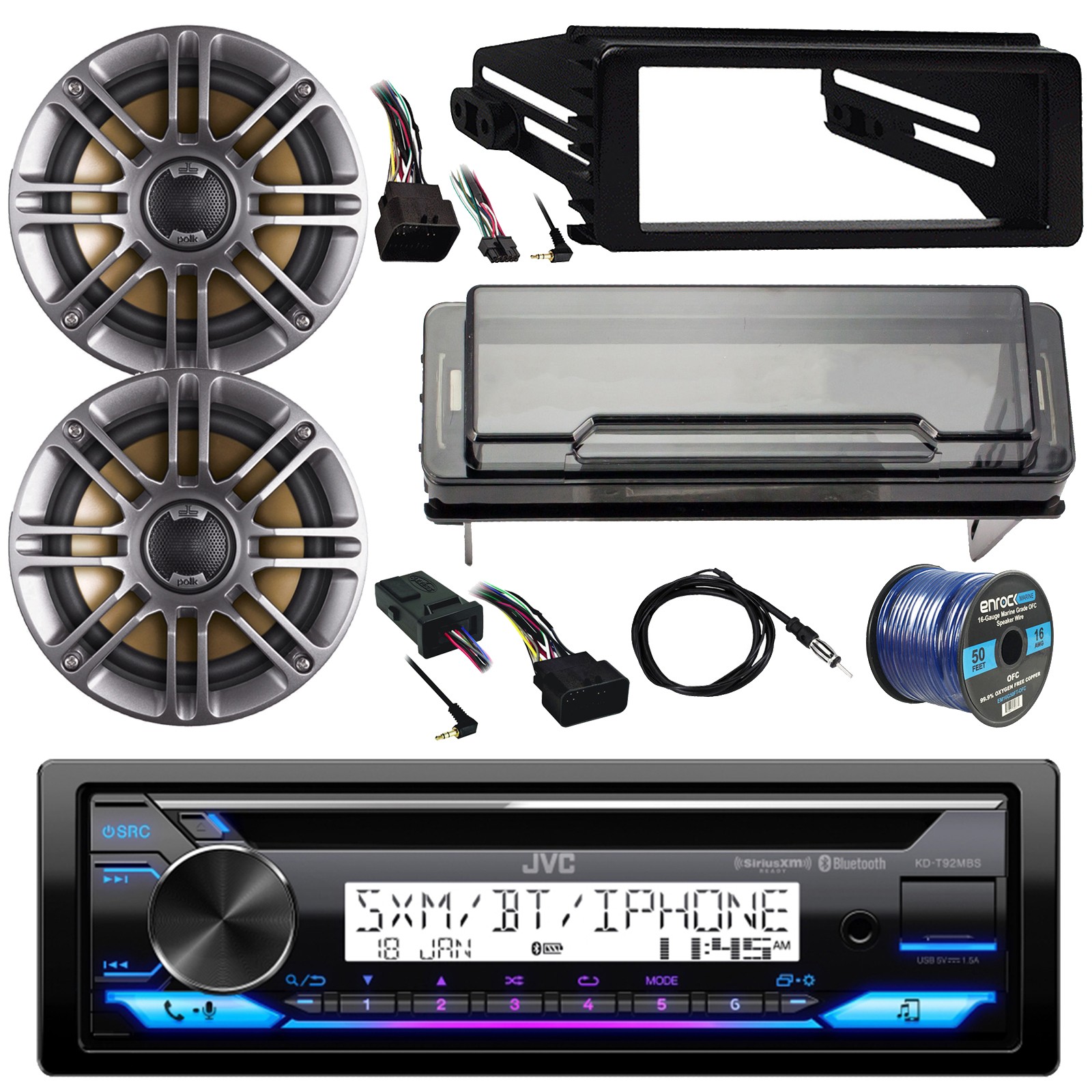 JVC CD Receiver, 2x 5.25" Speakers, Harley Handlebar + Install Kit, Accessories
