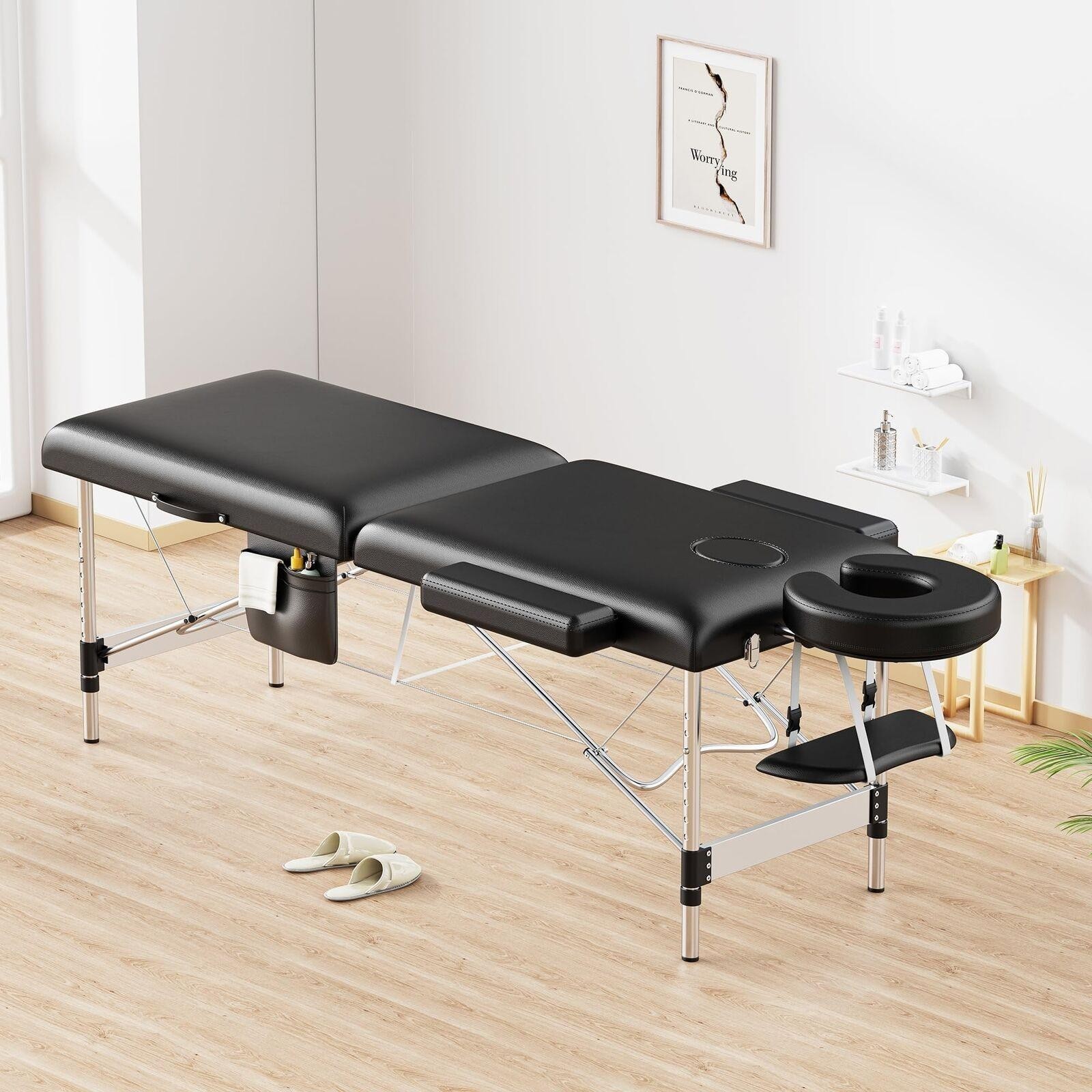 Brelley Massage Table Portable, 2-Fold Lash Bed with Side Pocket, Adjustable Hei