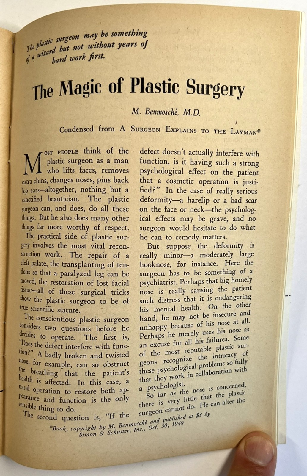 PLASTIC SURGERY 1942 FEATURE SURGEON'S DESCRIPTION OF THE ART & OPERATIONS
