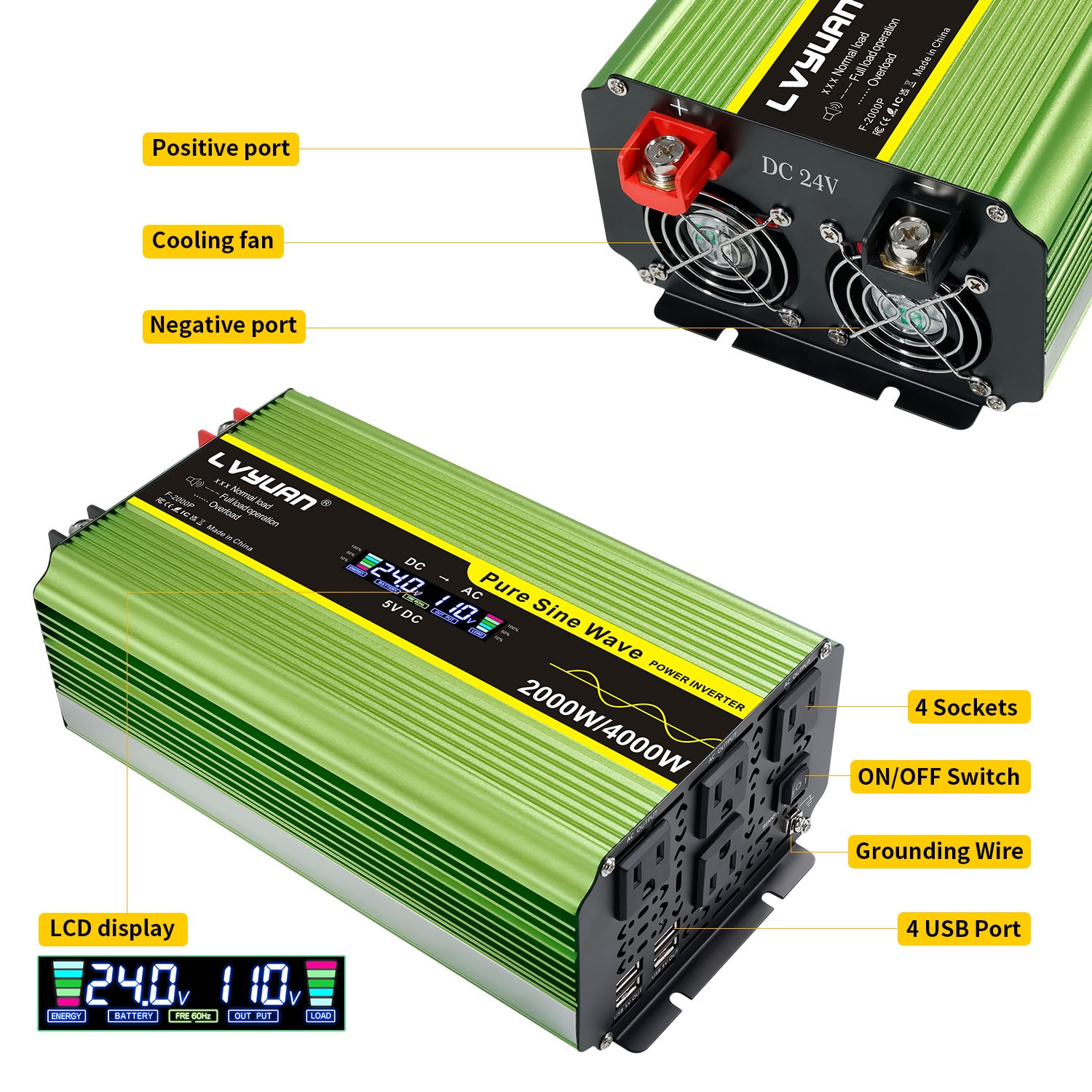 2000W 4000W Pure sine Wave Power Inverter Converter 24V to 110V w/4AC 4USB LCD