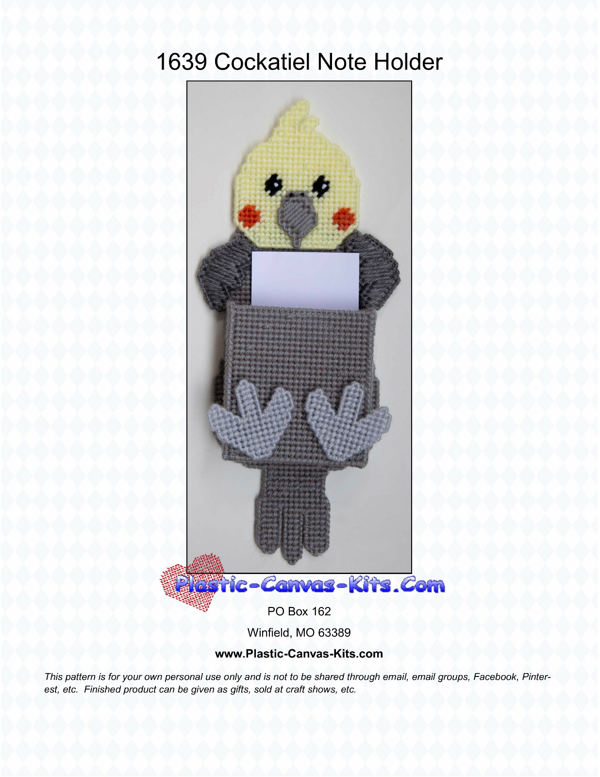 Cockatiel Bird Magnetic Note Holder- Plastic Canvas Pattern or Kit