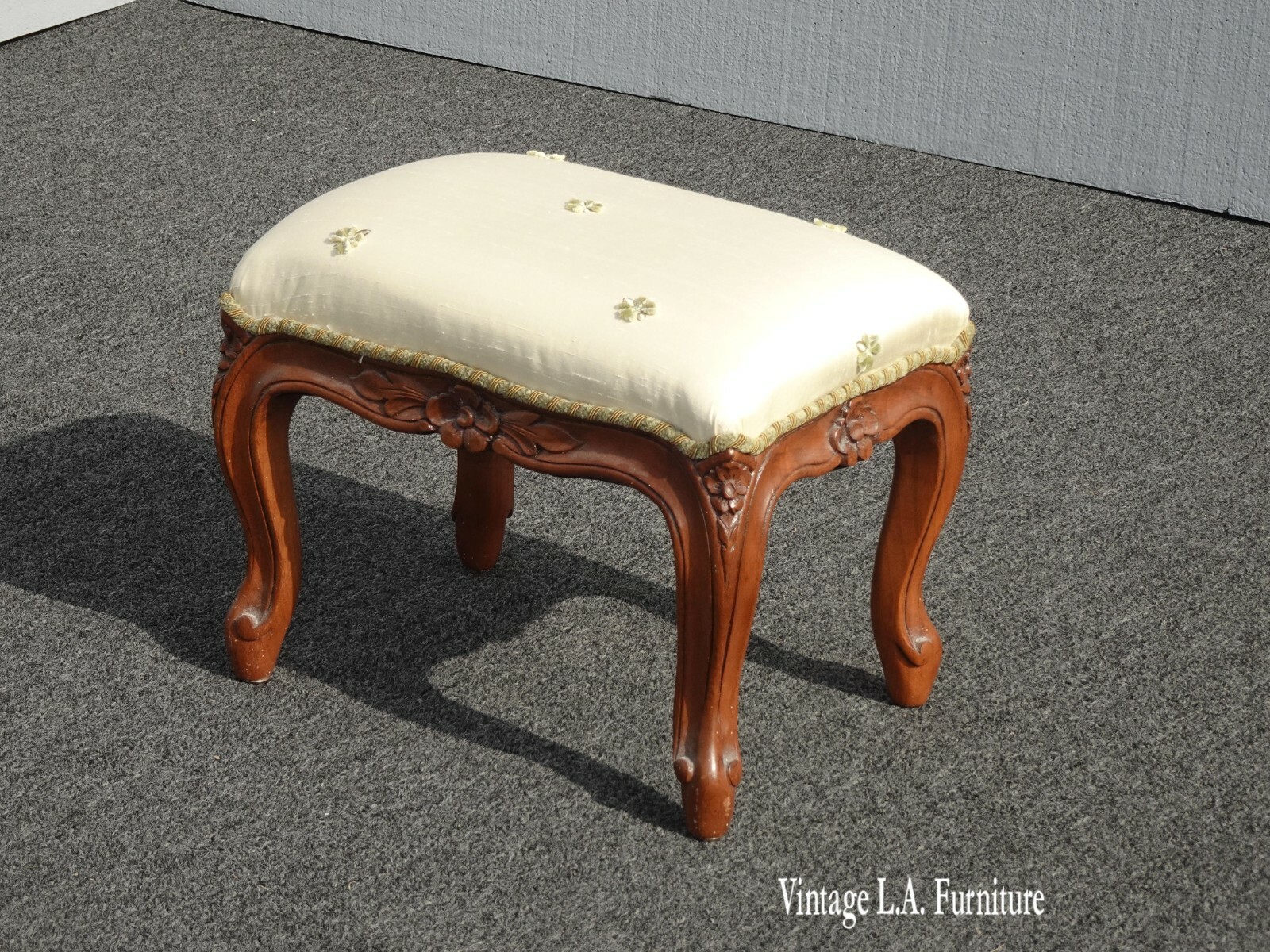 Vintage French Country Off White Satin Footstool with Green Bumble Bees