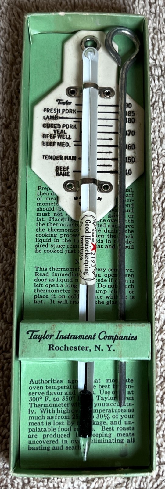 Antique Taylor Roast Meat Thermometer 1934 In Original Box With Recipe Booklet