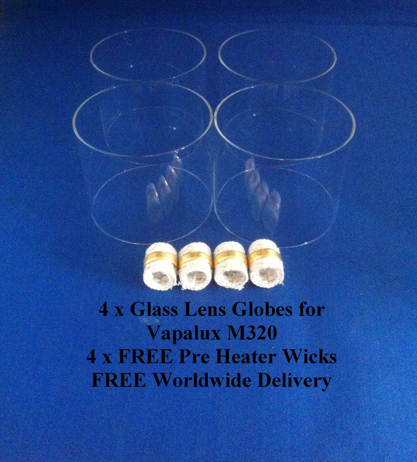 4 x Glass Lens Globes Vapalux M320 Bialaddin 320 4 x FREE Pre Heater Wicks