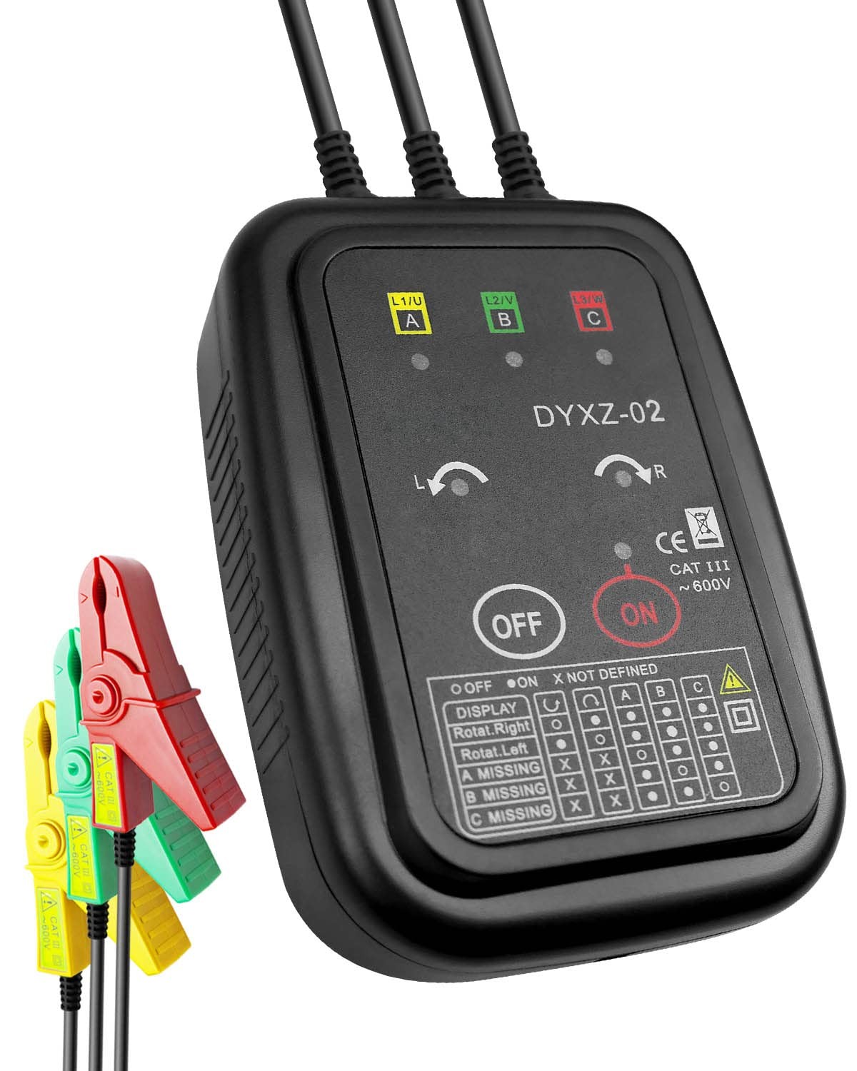 3 Phase Rotation Tester Non-Contact AC 70-600V Sequence Detector with Clamp Lead
